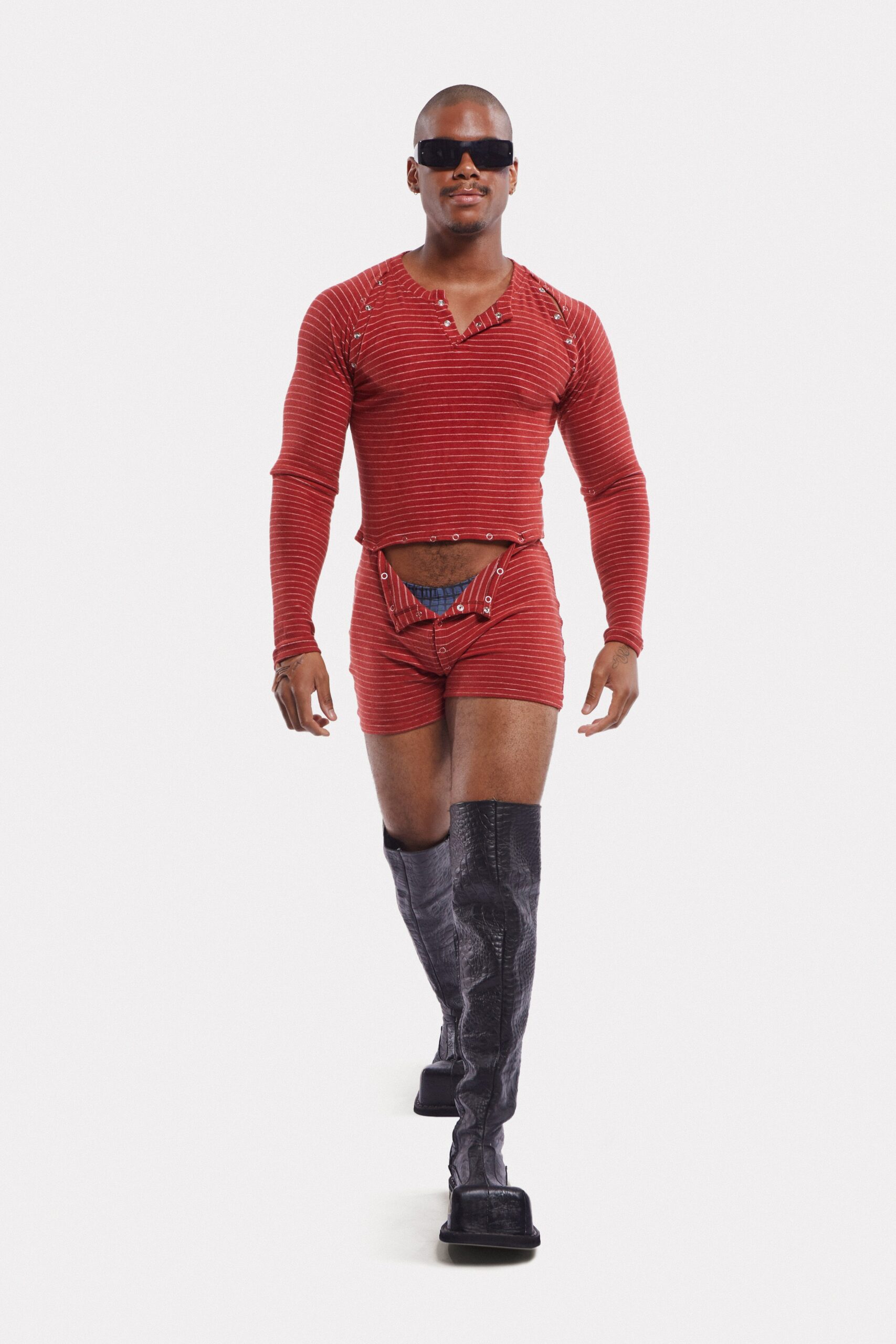 red fitted top and shorts