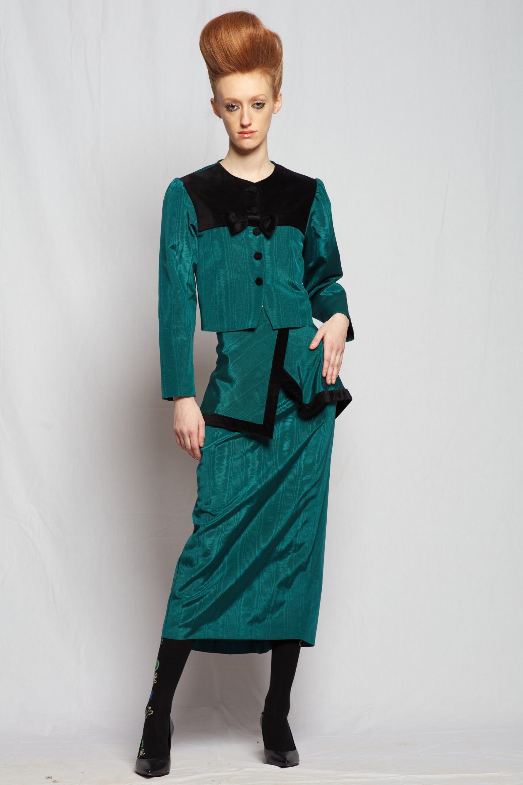 teal velvet fitted blazer and skirt