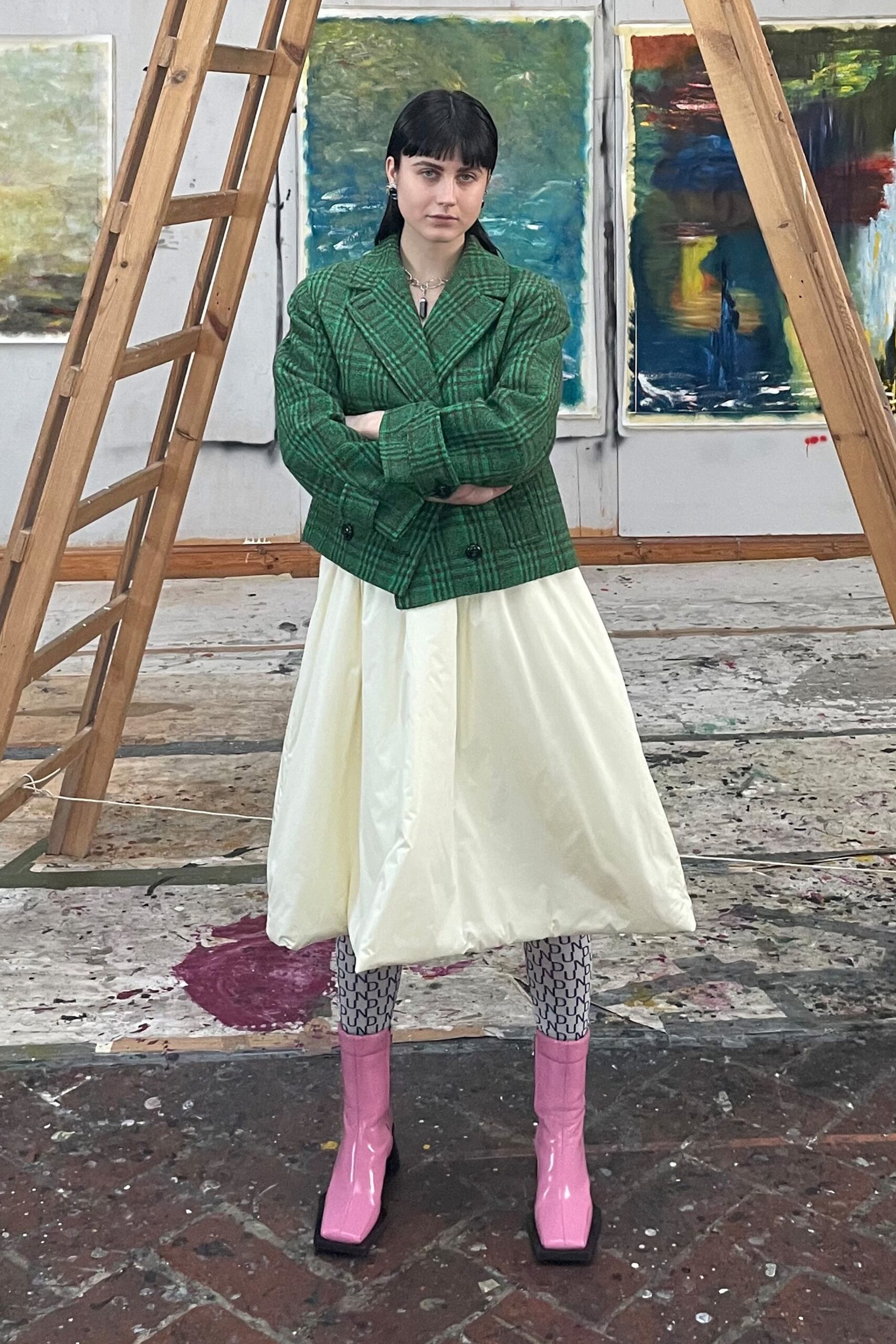 green checked blazer white midi dress pink boots