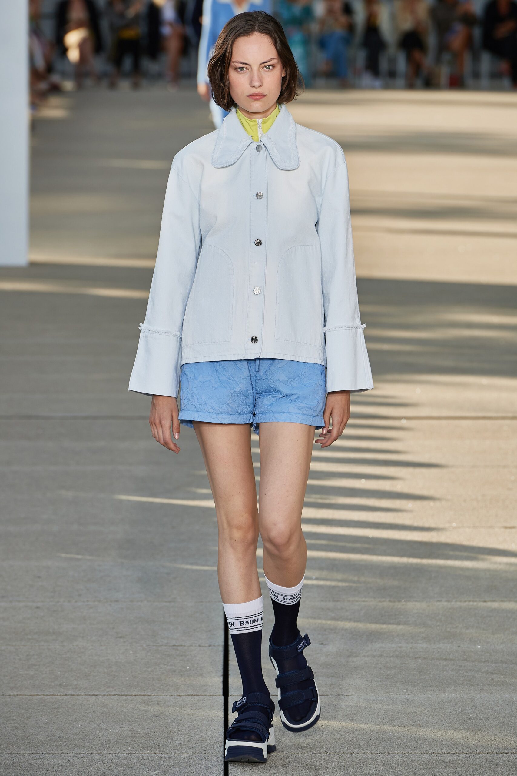 light blue fitted jacket with shorts