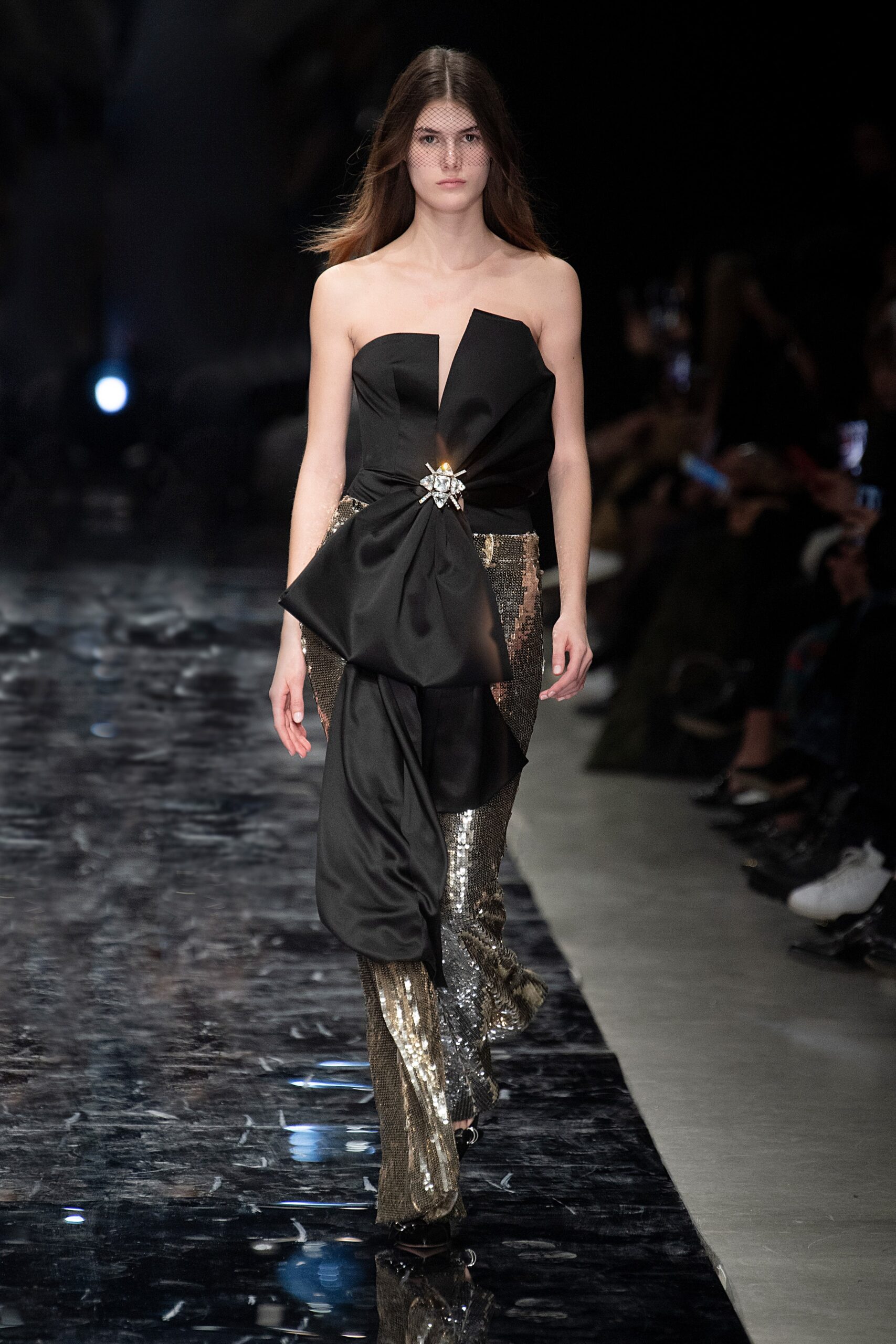 black silk strapless asymmetric fitted draped belted dress