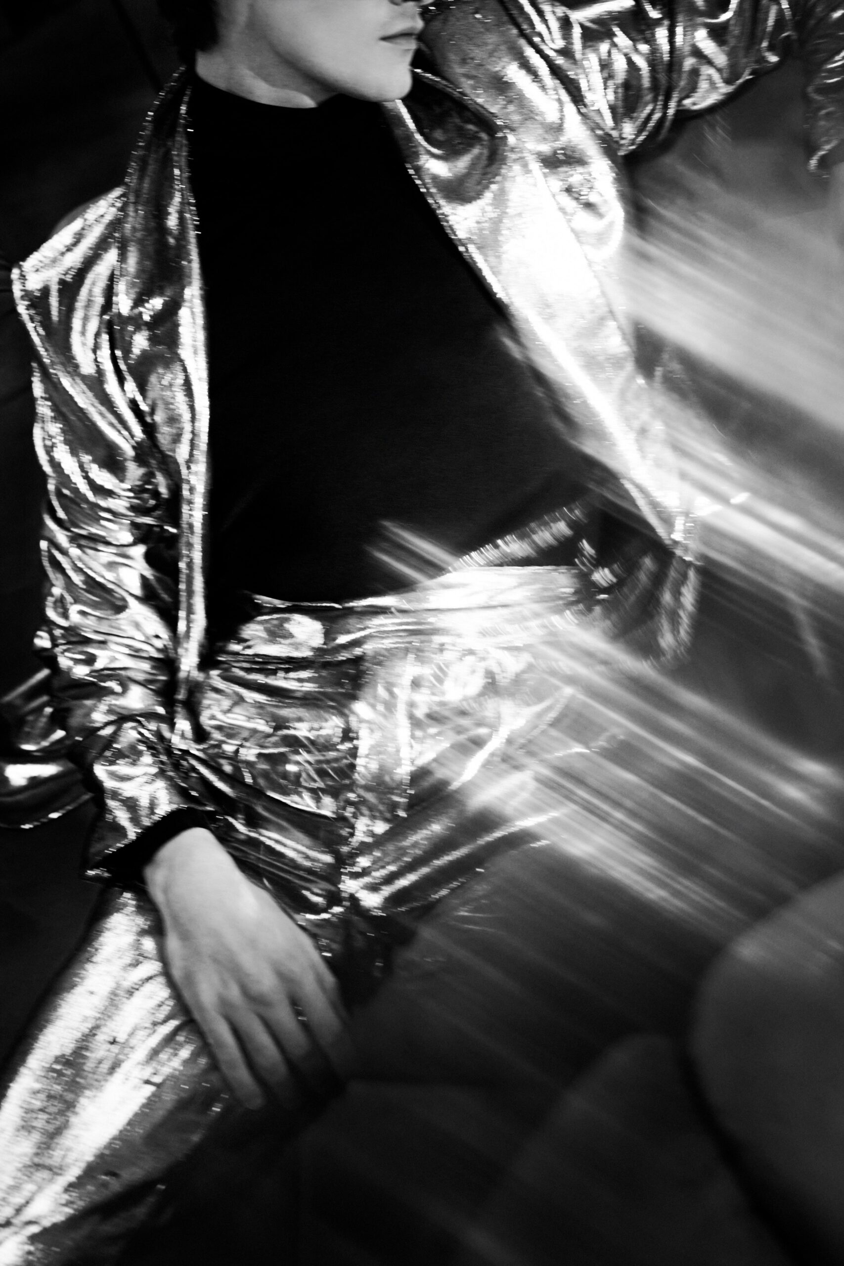 shiny silver fitted suit