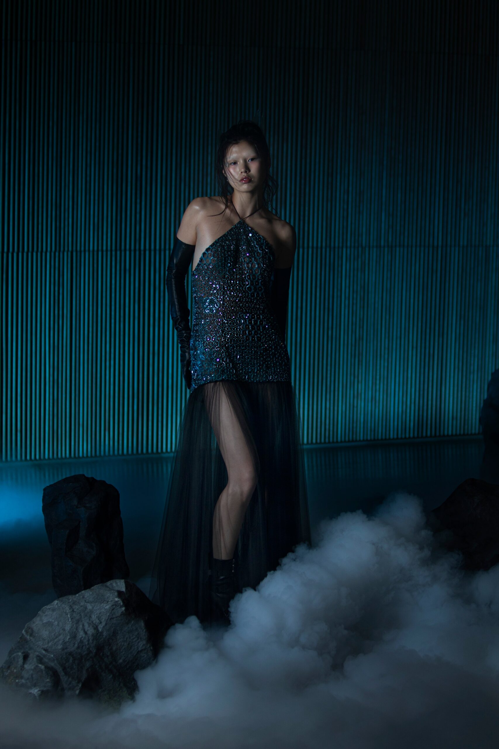 black sequined halterneck dress