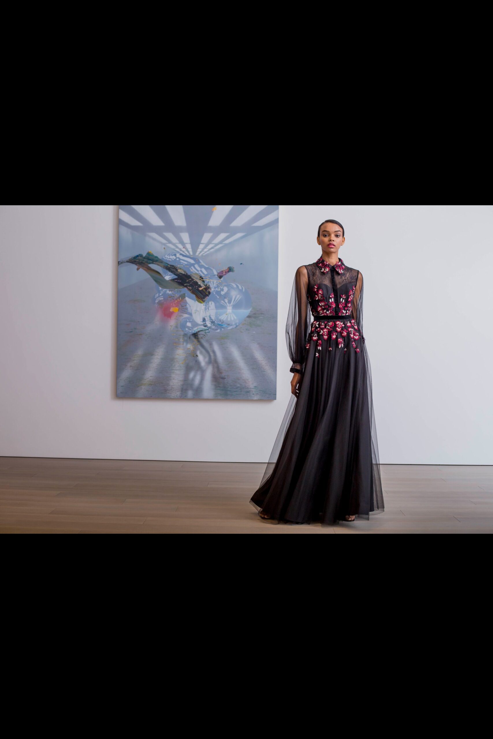 black tulle embroidered gown