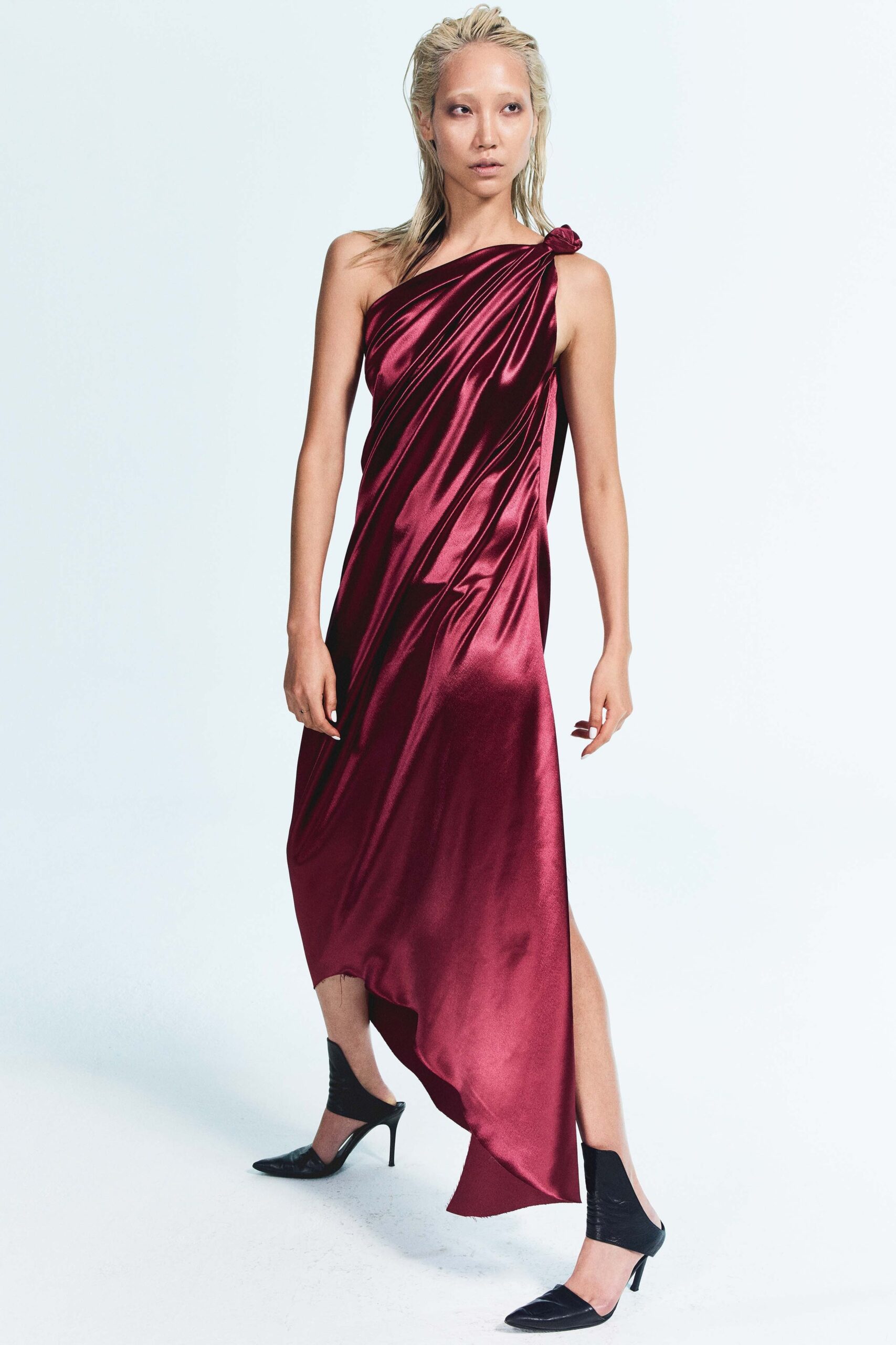 red silk sleeveless asymmetric fitted draped shiny dress
