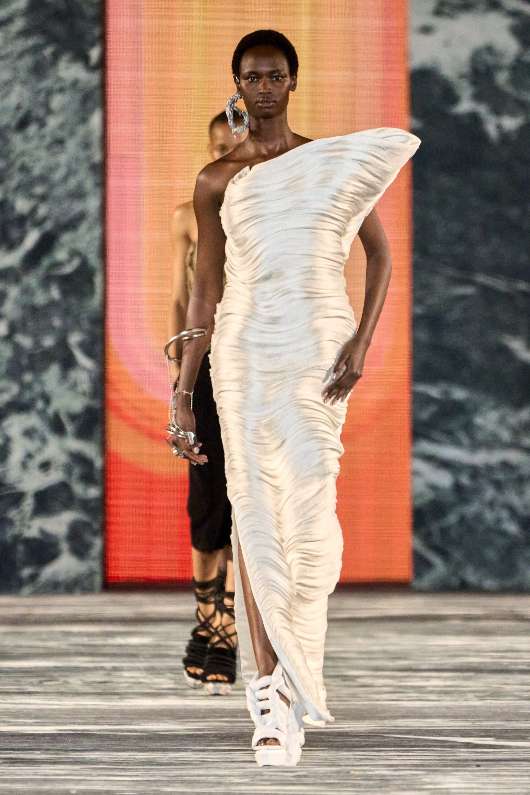 white silk fitted gown