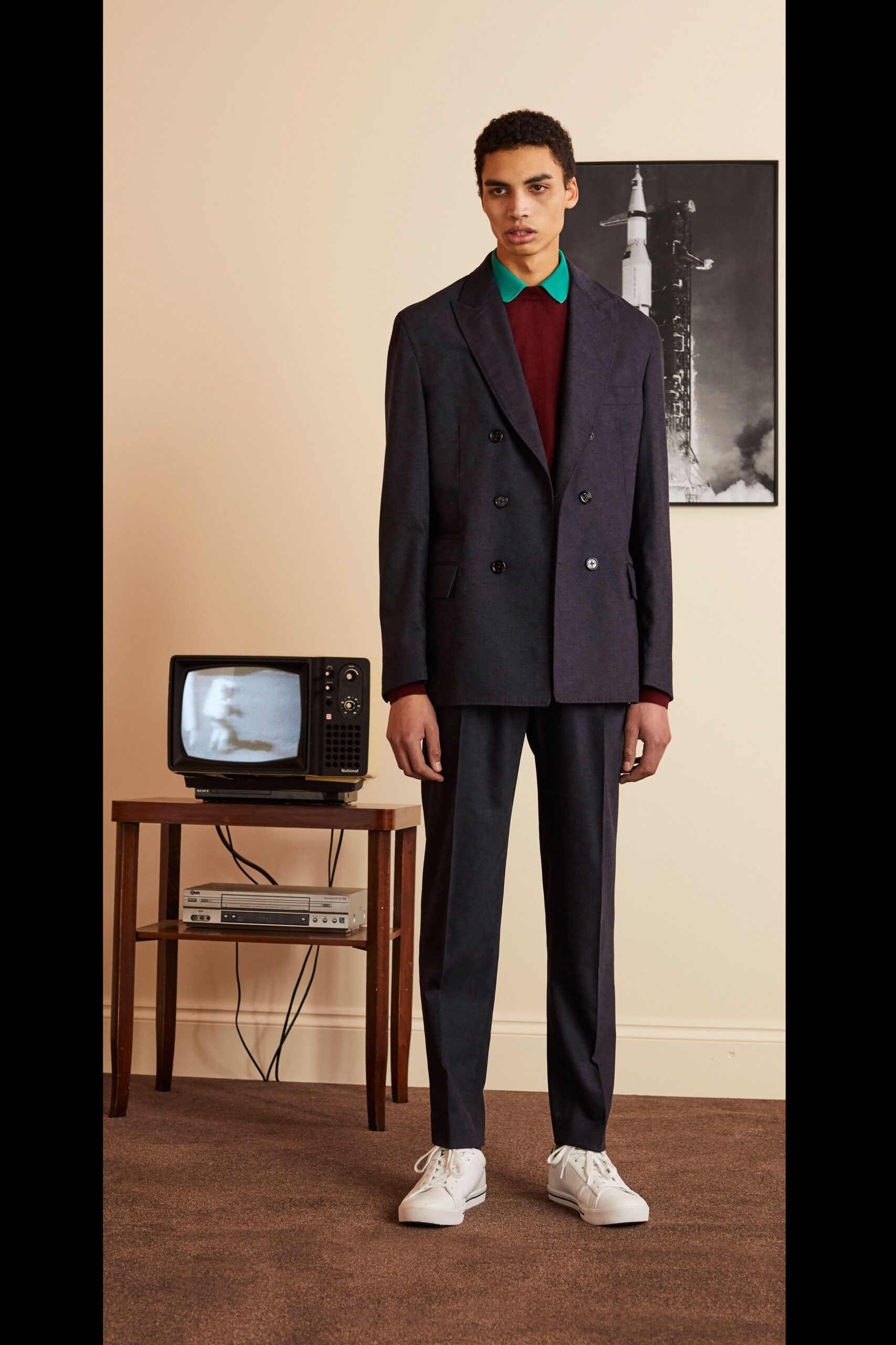 navy tailored suit with green shirt