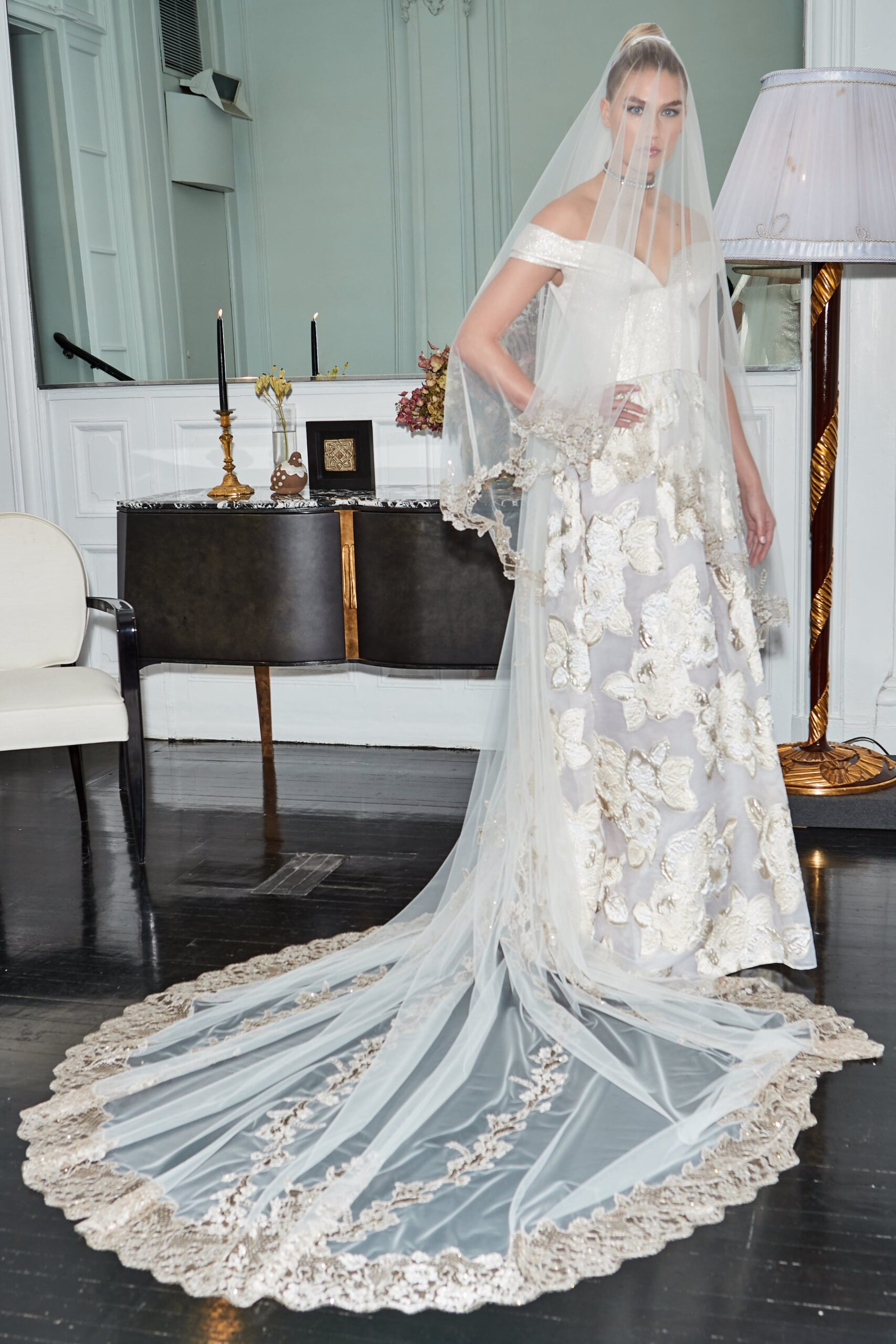 white embroidered gown with veil