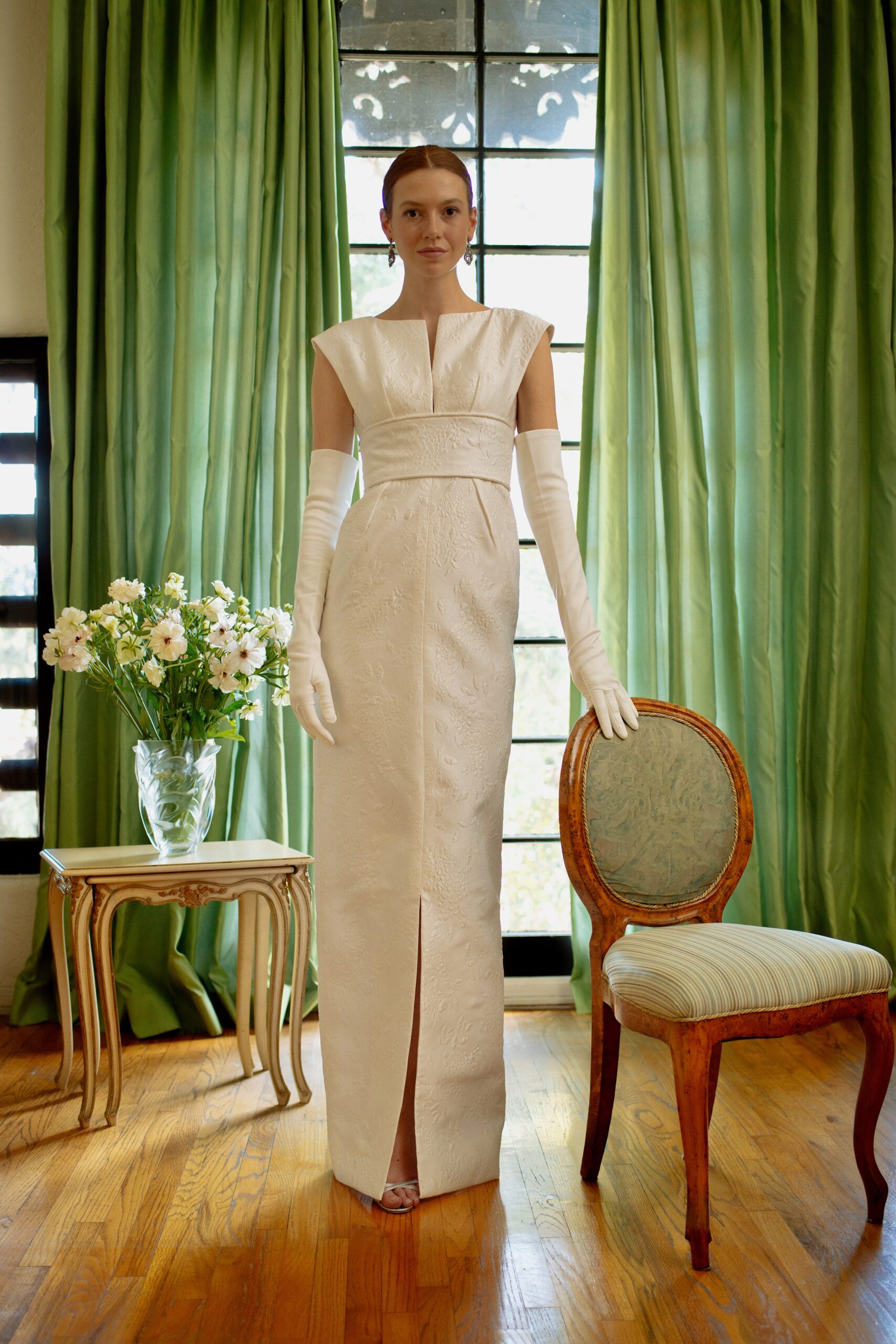 ivory silk fitted gown with gloves