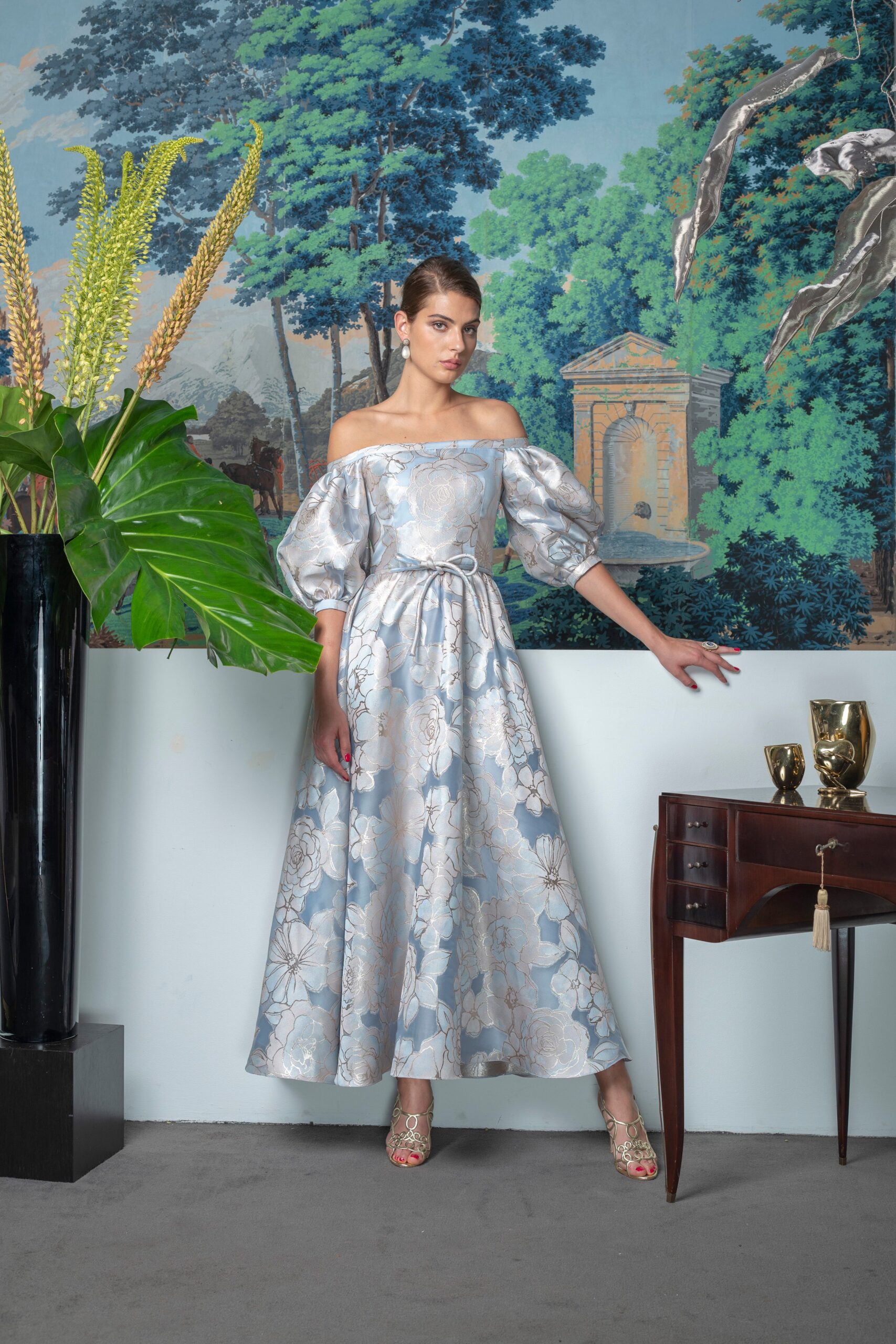 blue and white off-shoulder dress