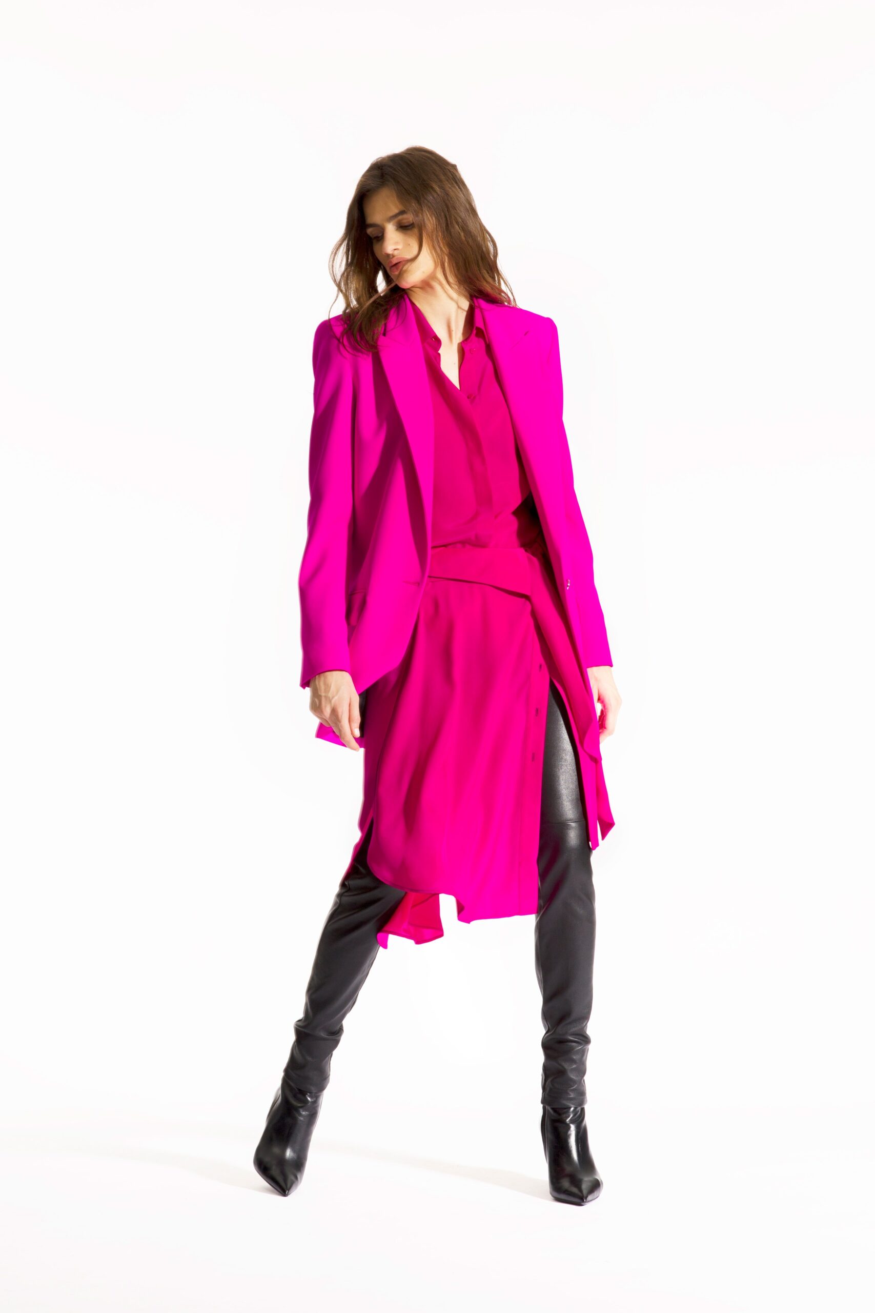 pink tailored blazer with black pants