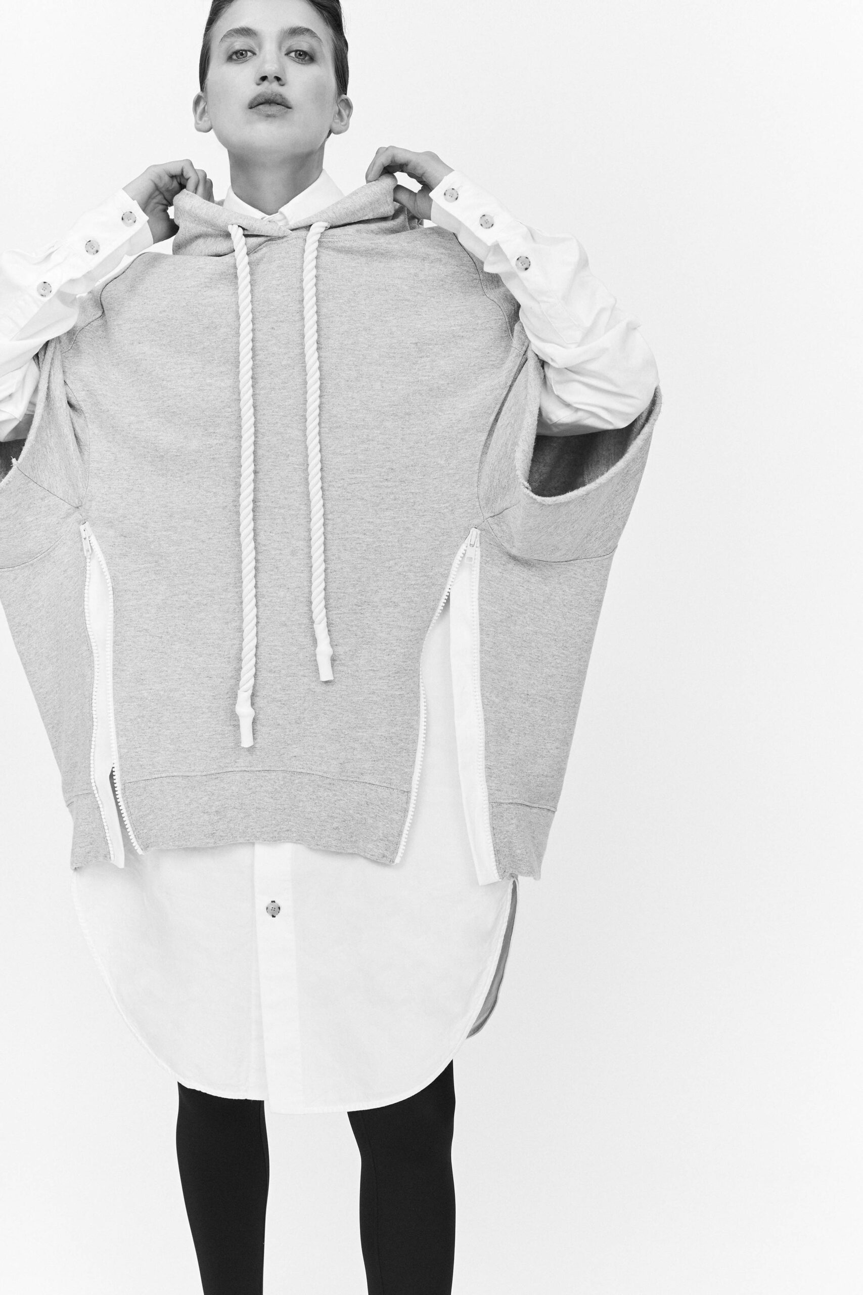 oversized gray hoodie with white shirt