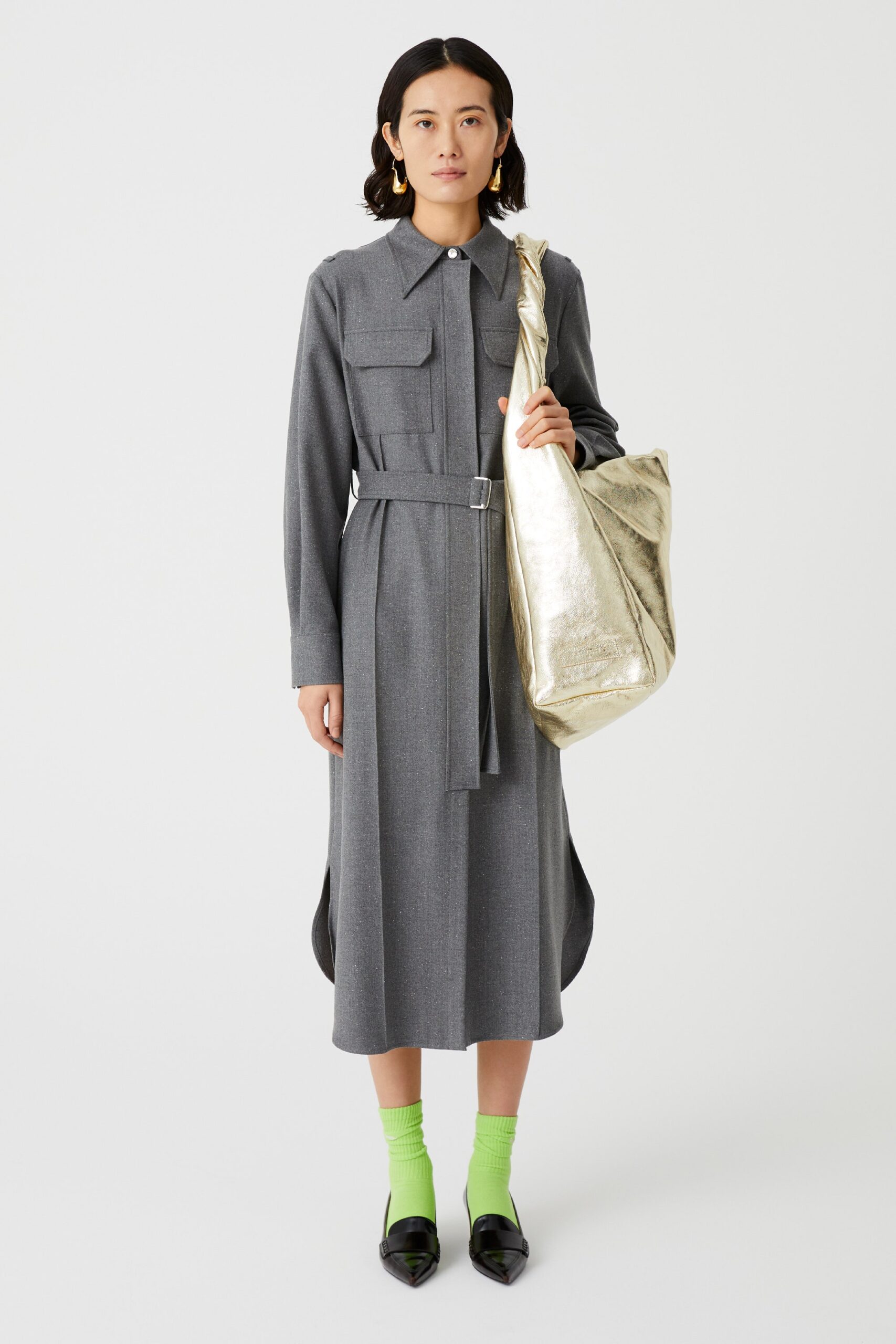 gray belted shirt-dress