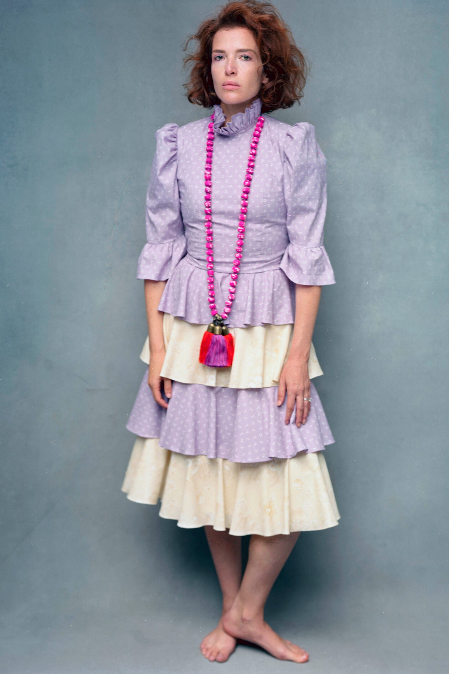 purple tiered midi dress