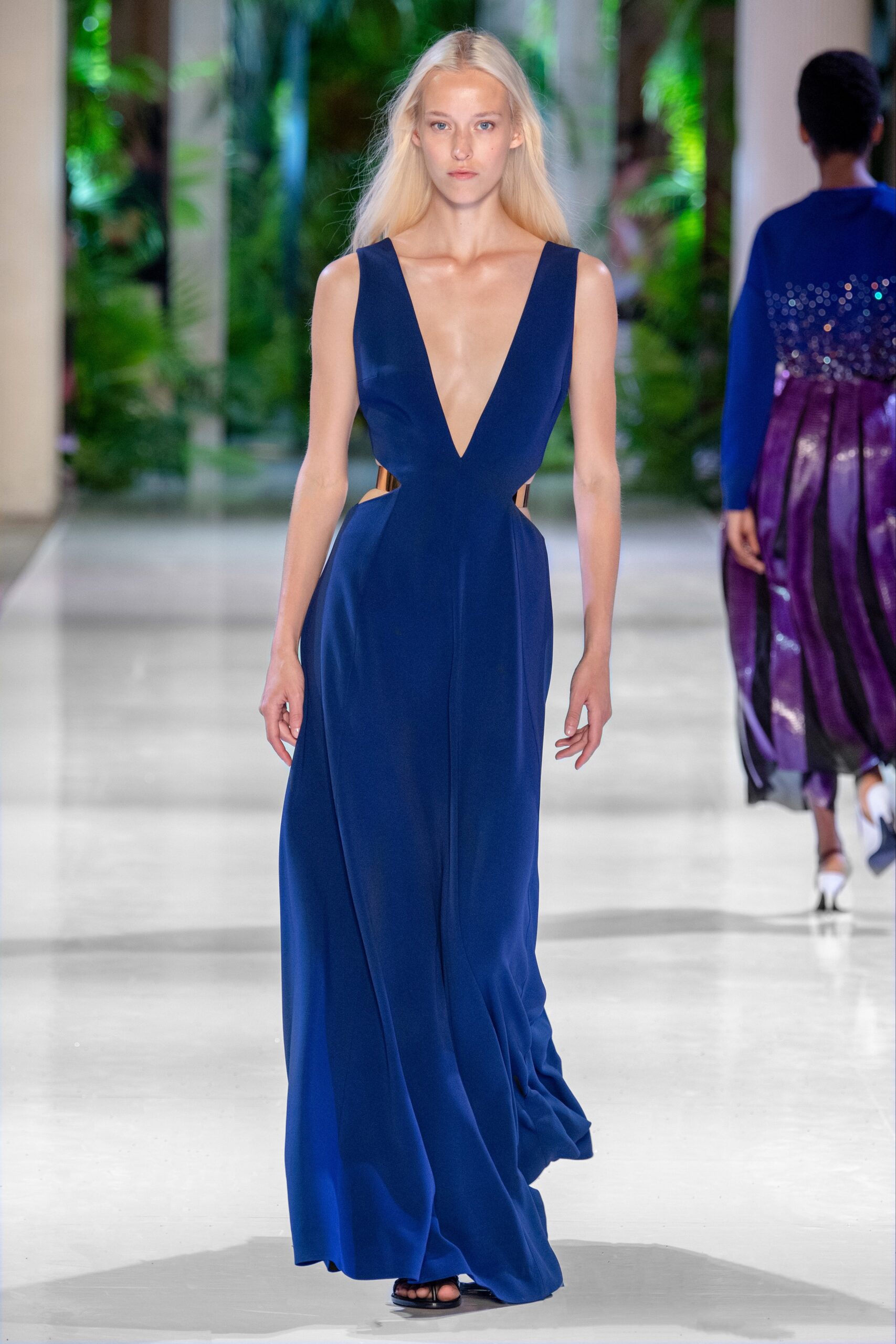 blue silk sleeveless gown