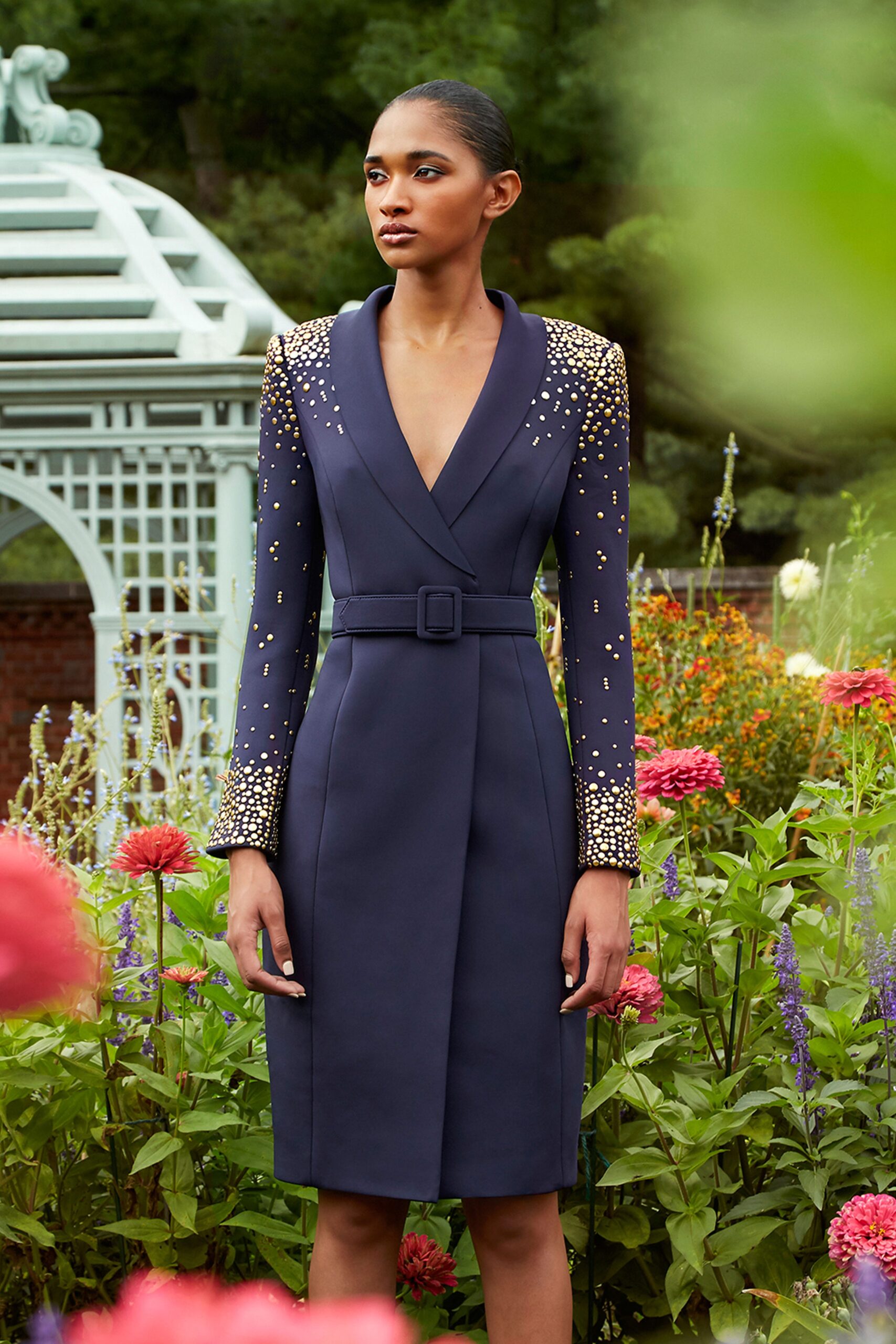 blue fitted long-sleeve dress