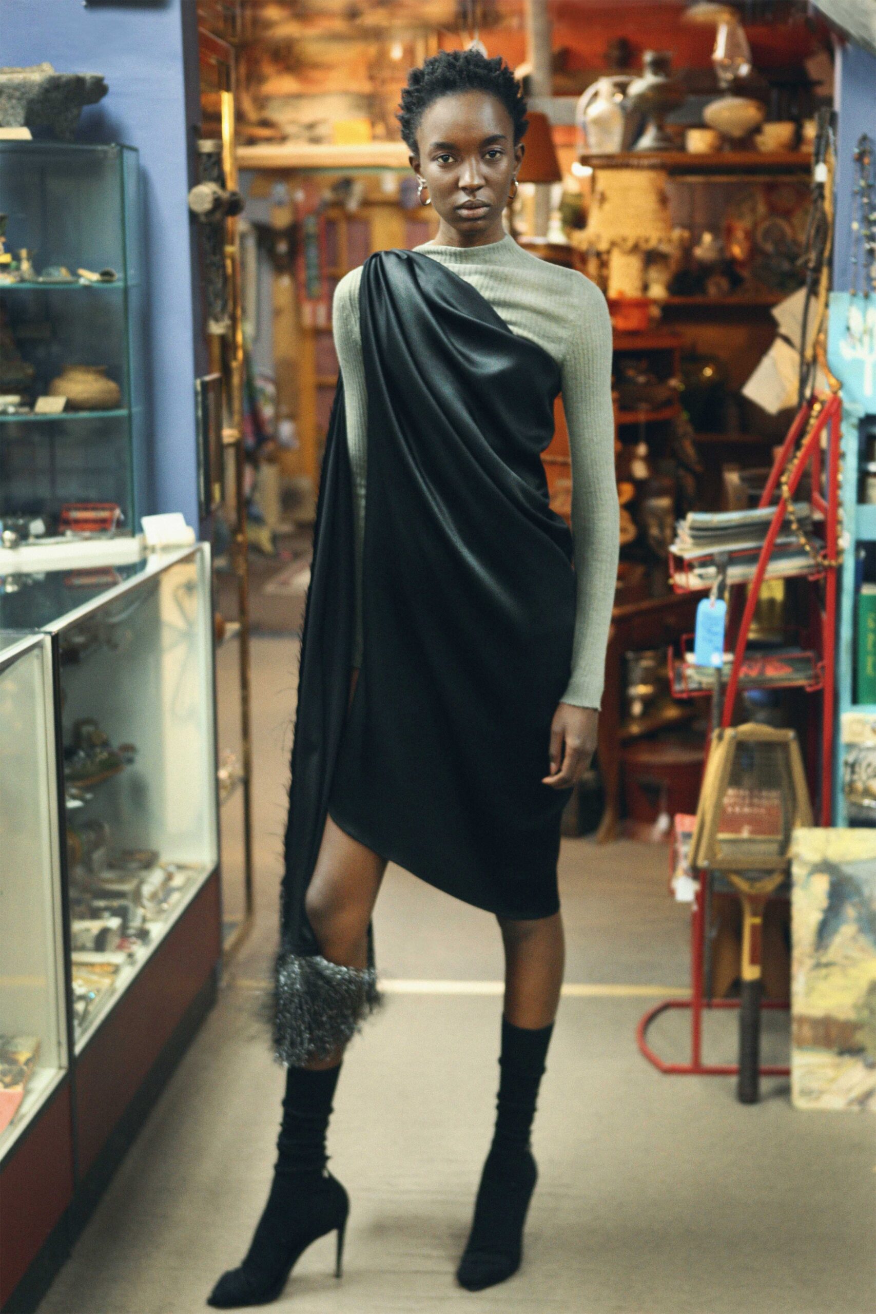 gray knit long-sleeve high-neck fitted top