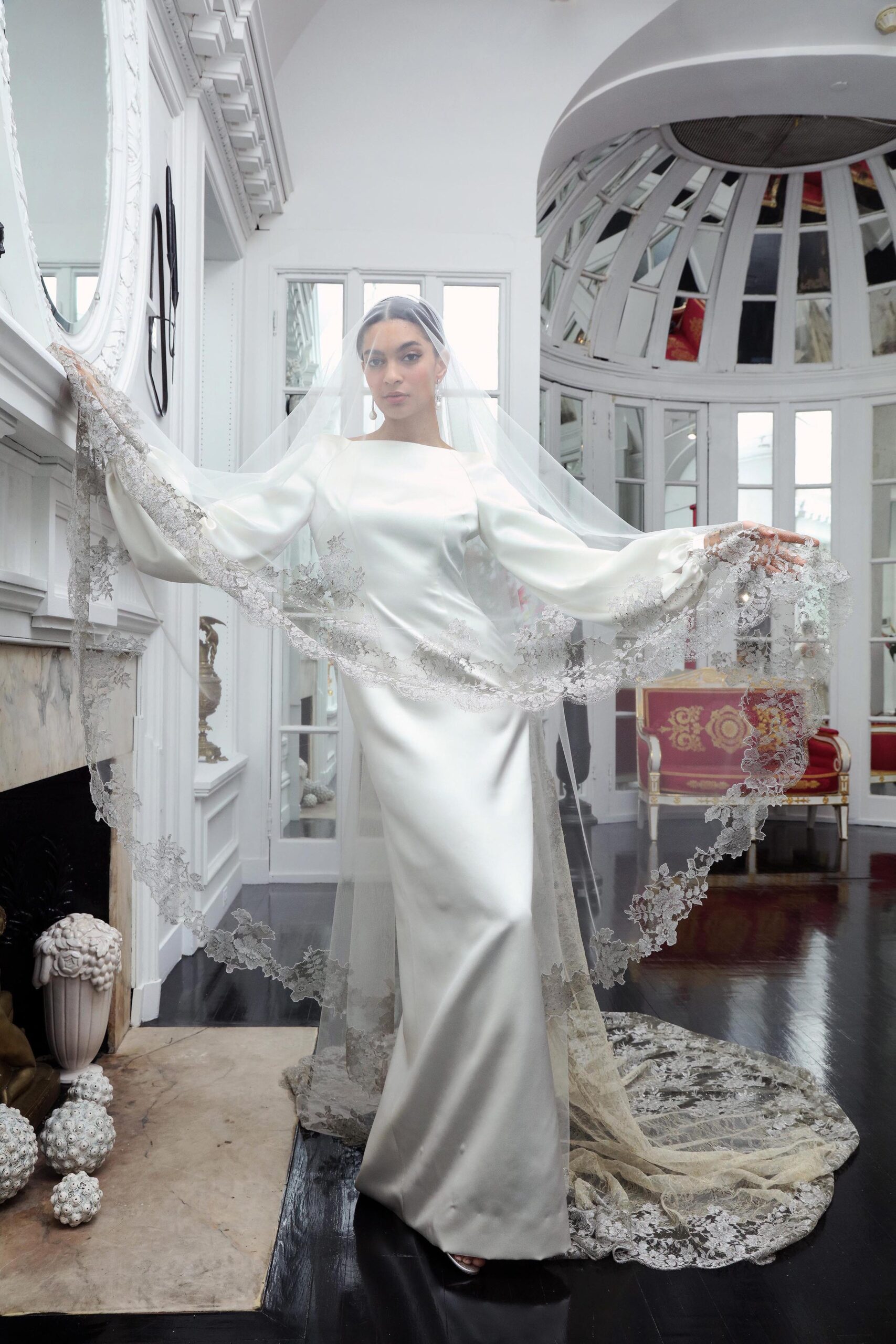 white silk gown with veil