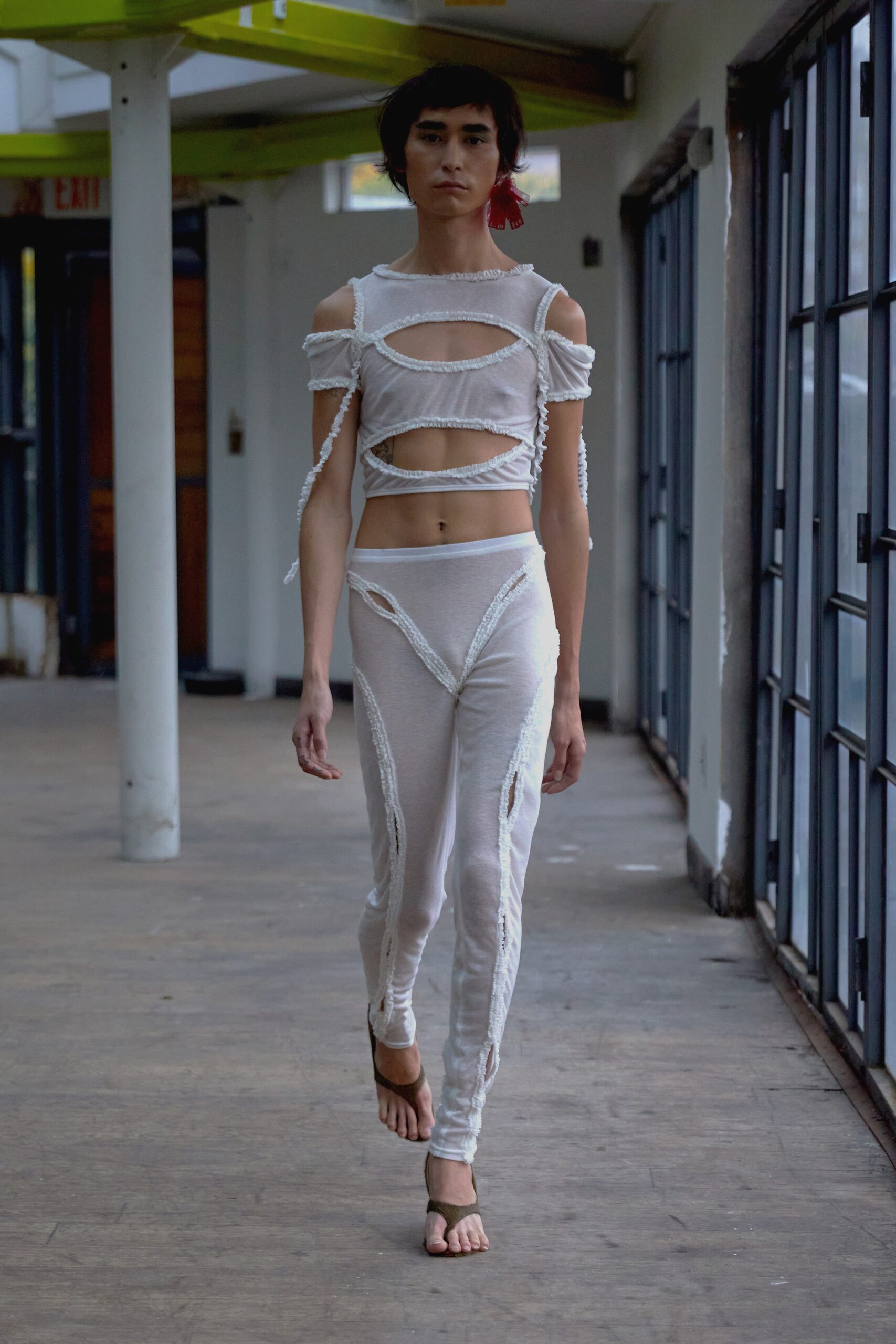 white cotton long-sleeve cutout fitted ruched pants