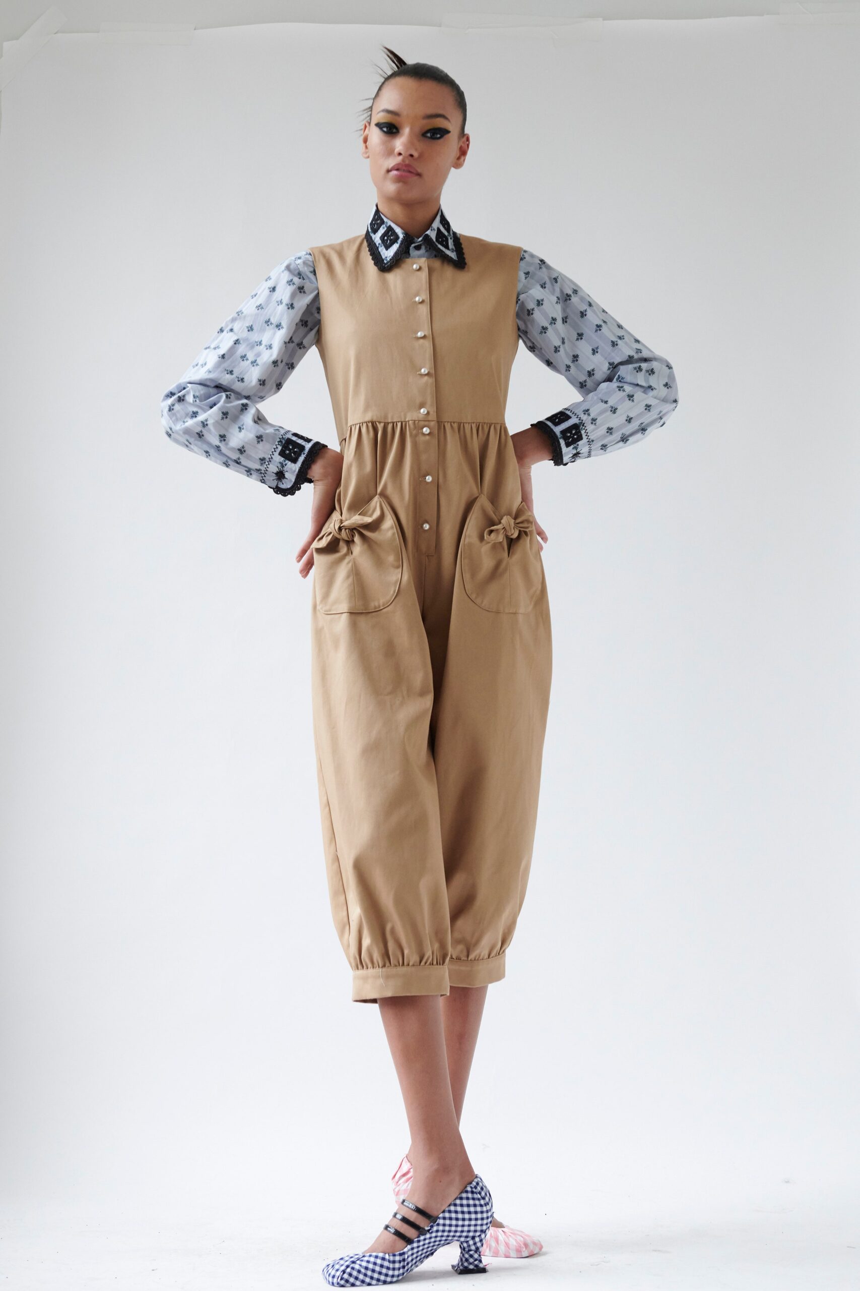 beige cotton jumpsuit with printed shirt