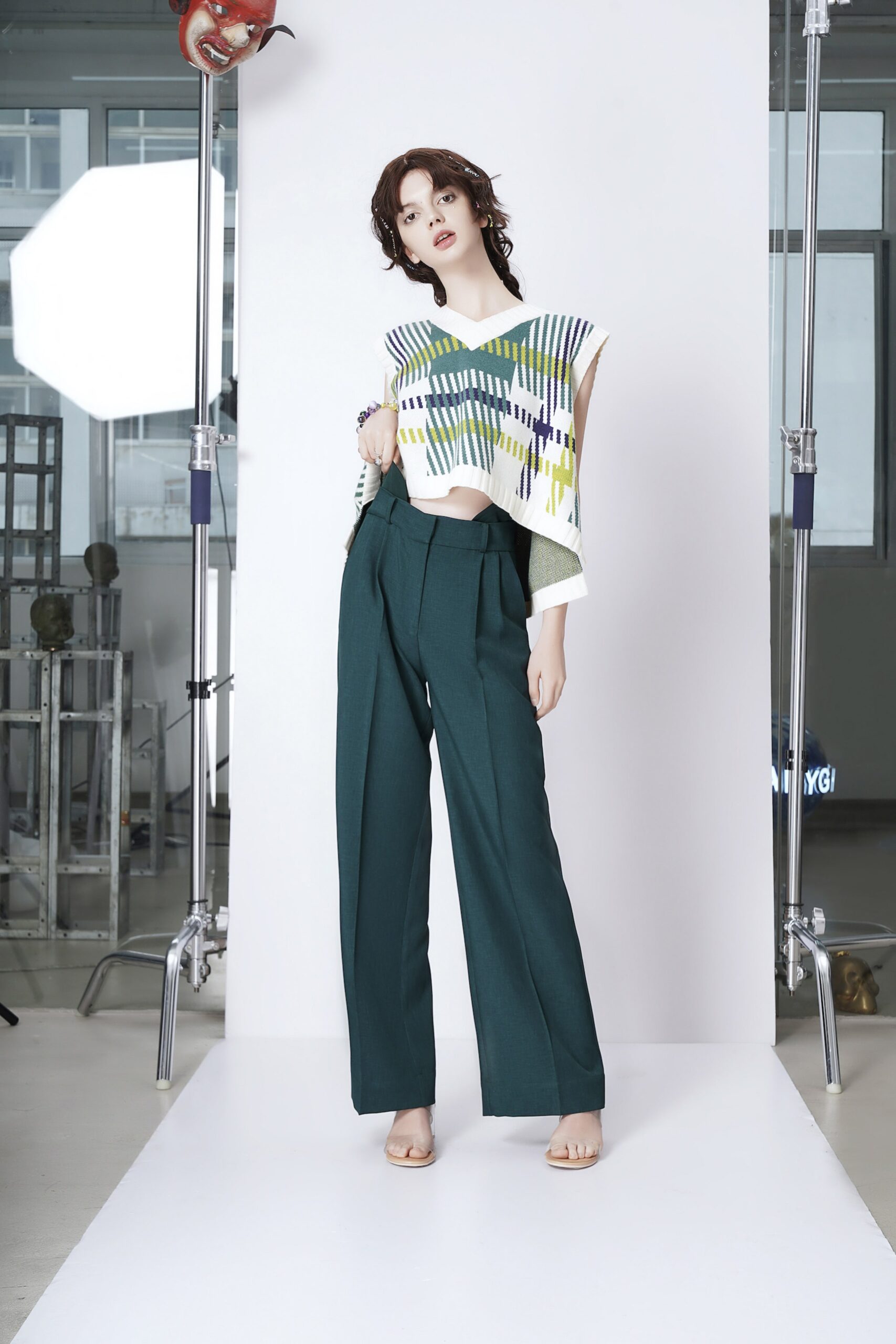 relaxed printed top with tailored pants