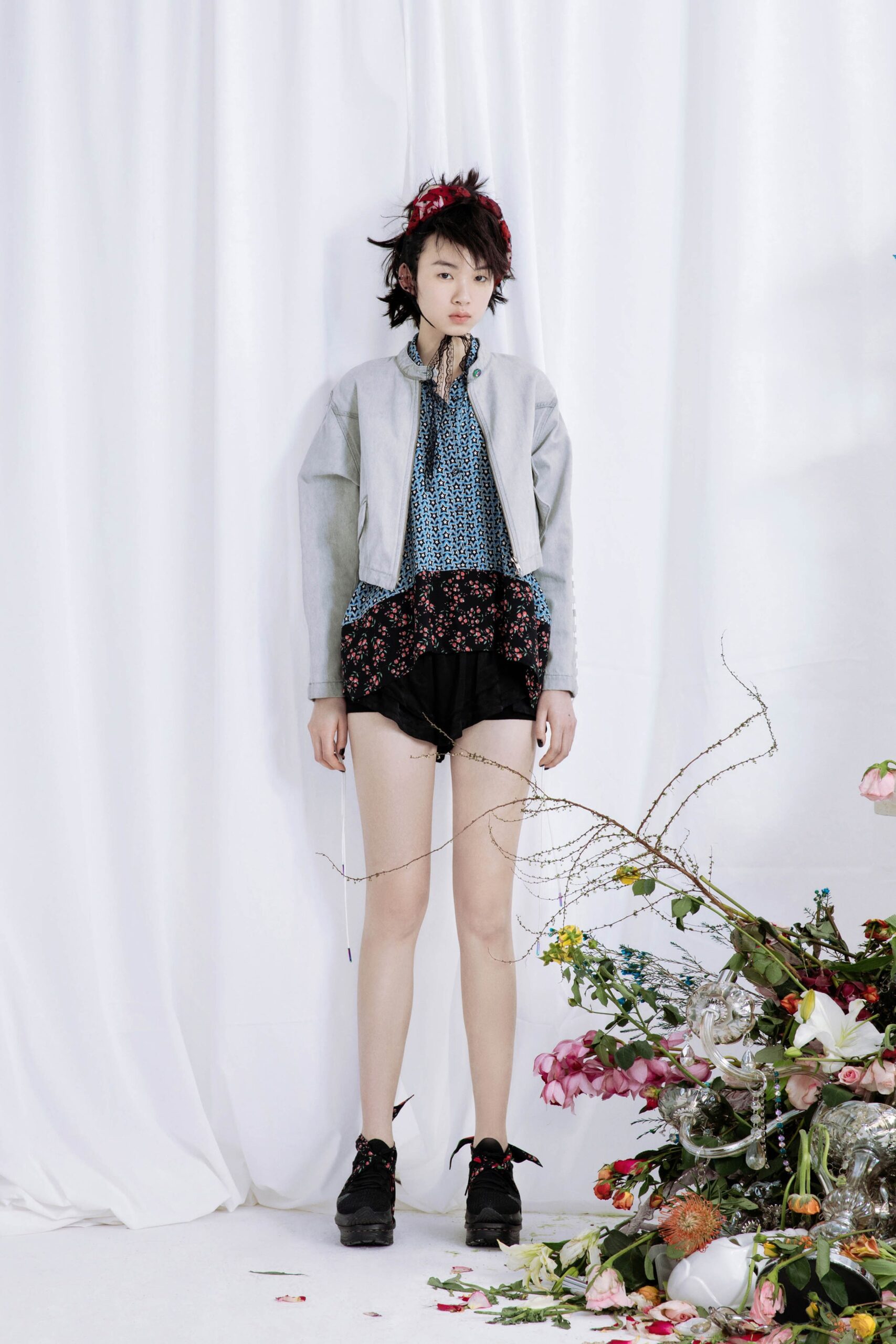 blue silk long-sleeve collared relaxed printed blouse
