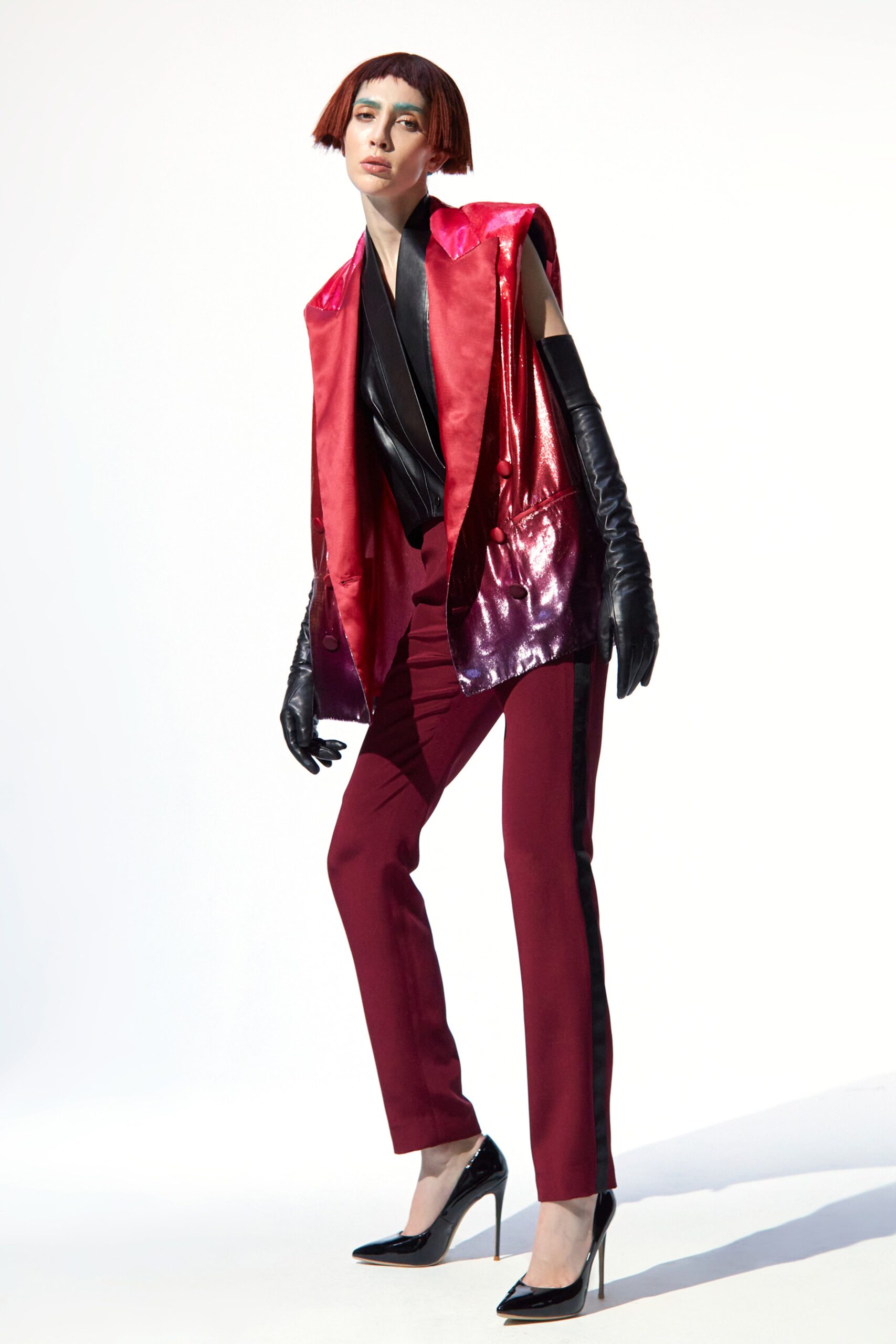 red vinyl sleeveless structured layered shiny blazer