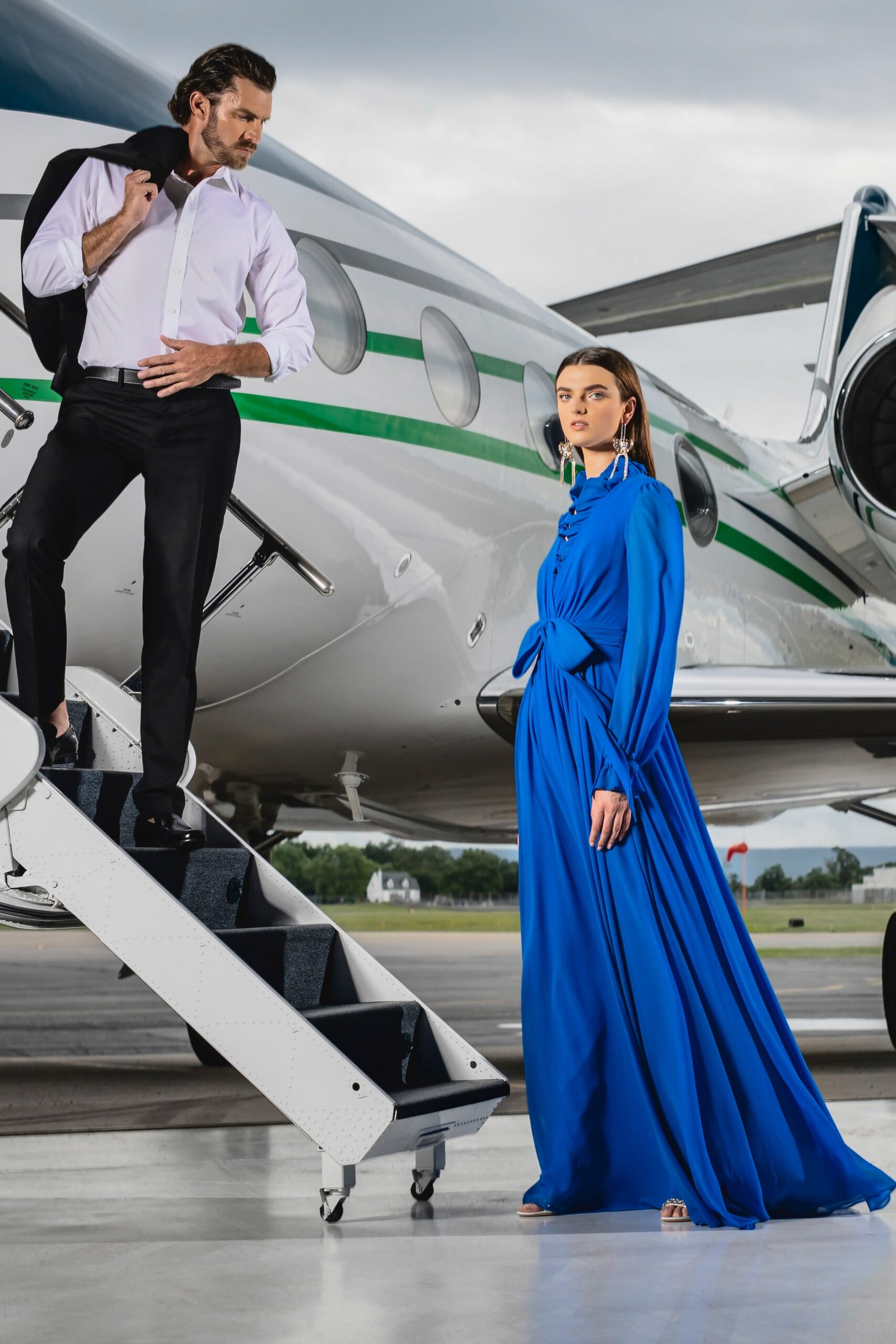 blue silk fitted gown