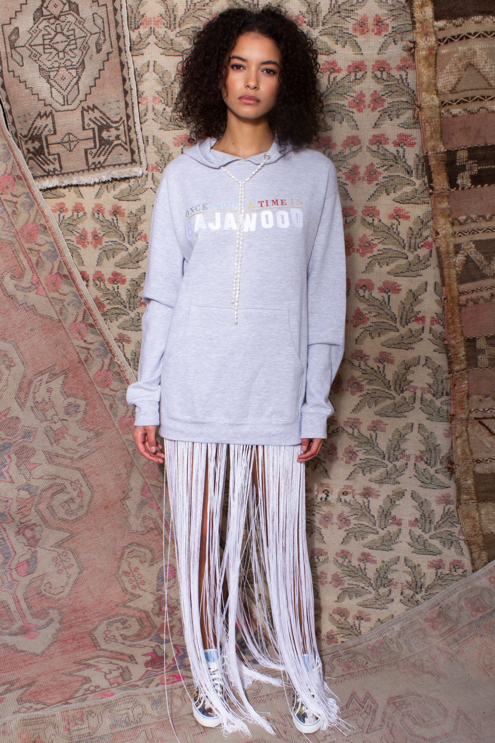 gray hoodie with fringed skirt