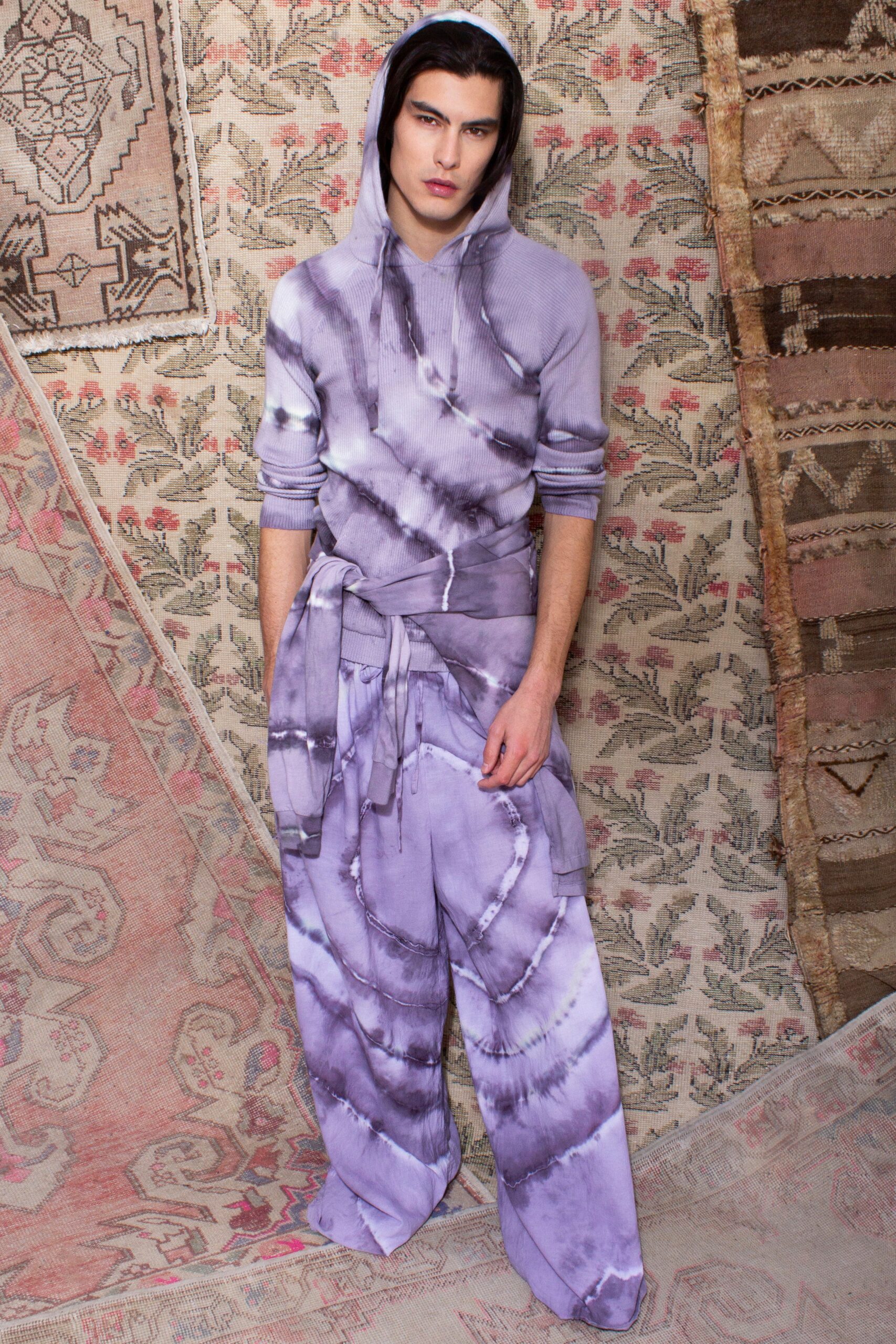 purple tie-dye hoodie and pants