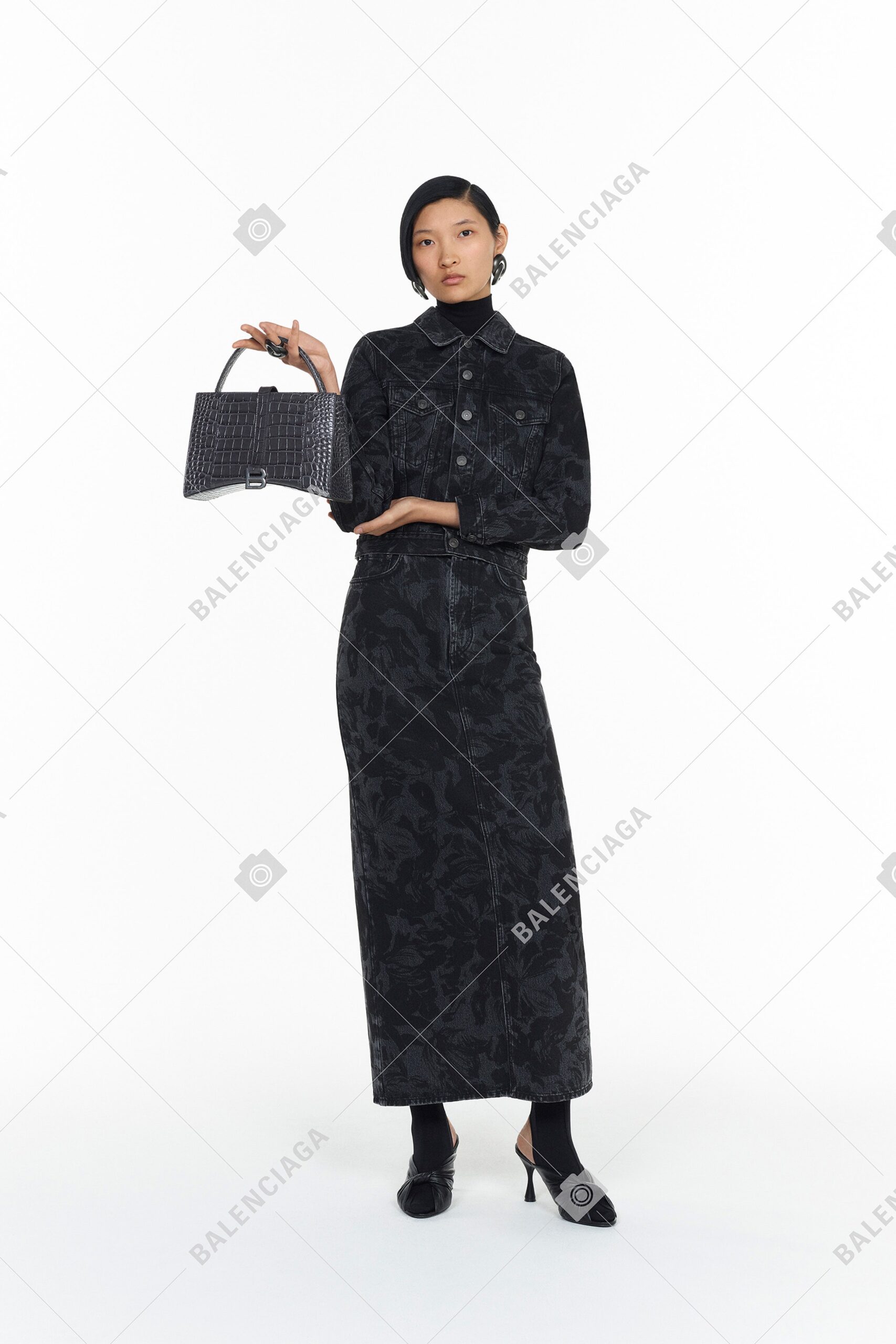 black denim long-sleeve collared fitted pencil midi dress