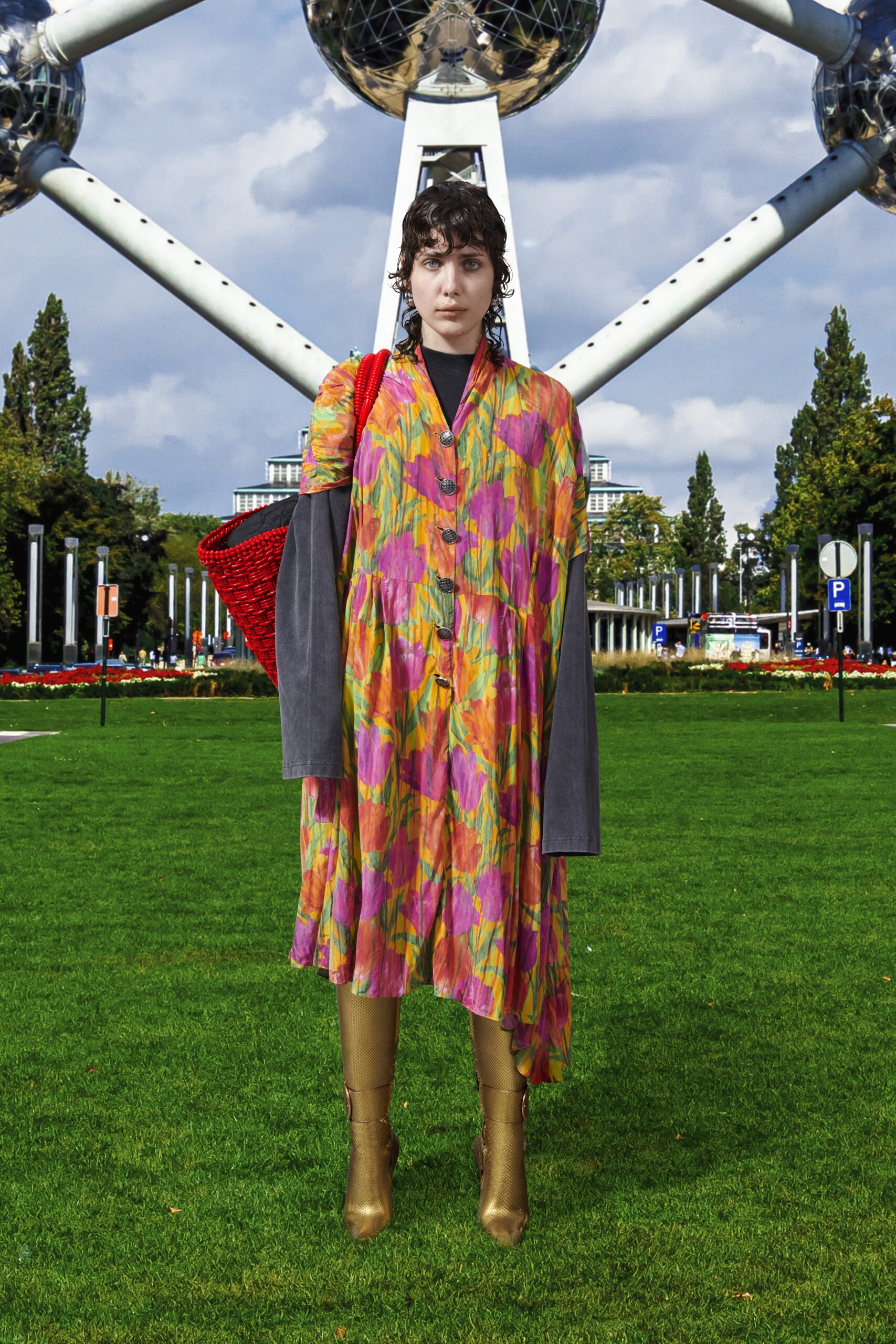 relaxed tiered midi dress with gold boots