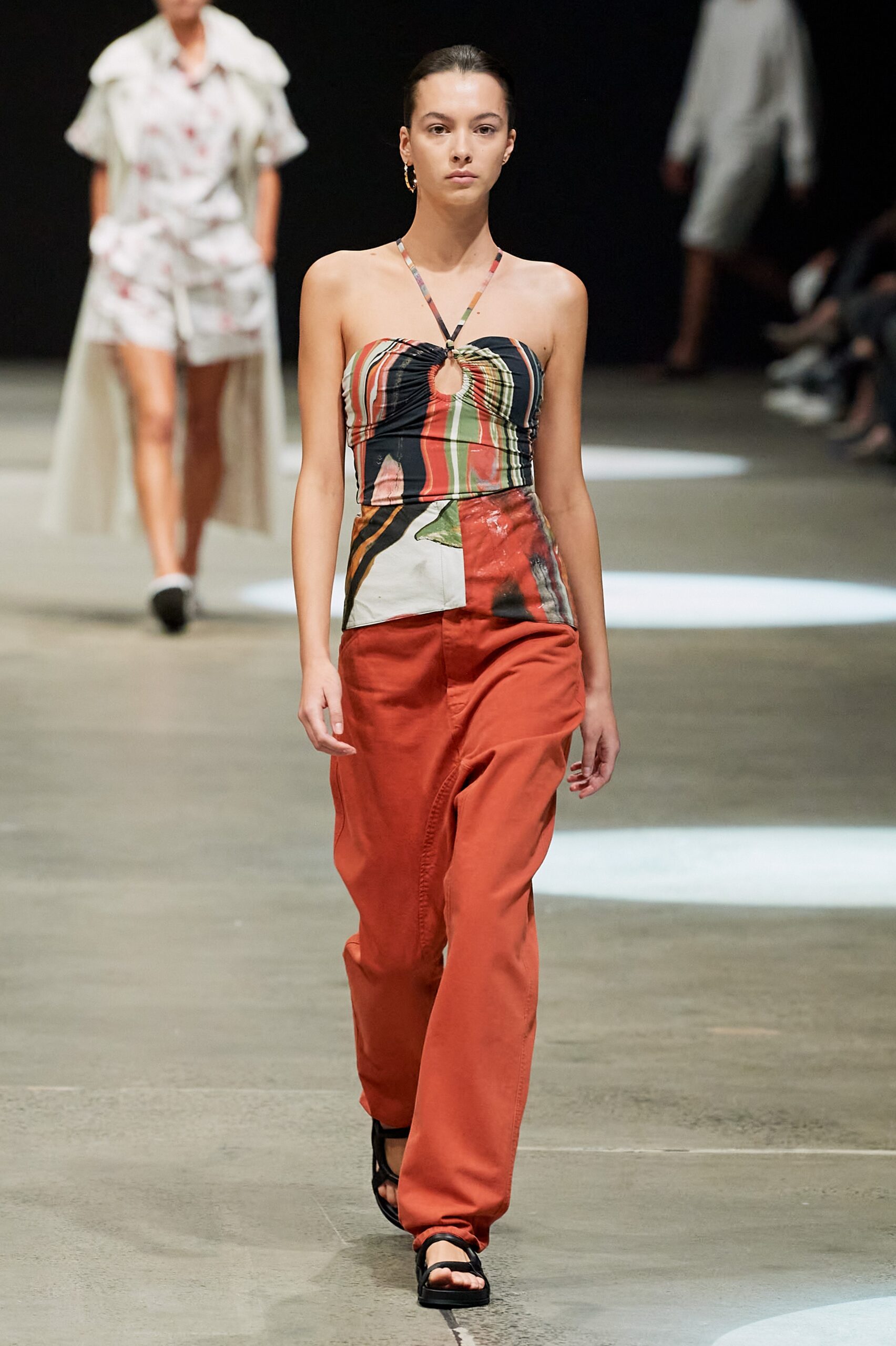 multi-colored strapless top with relaxed pants