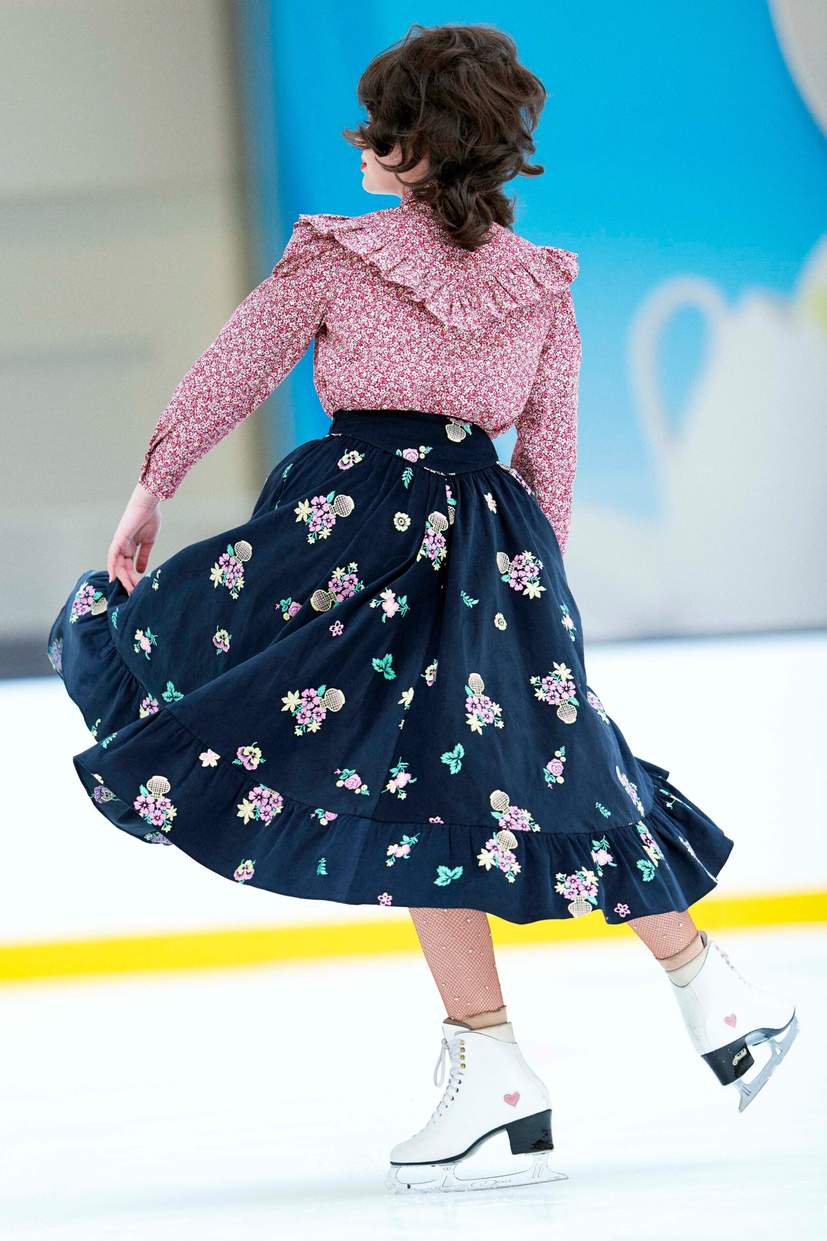 floral blouse and flared skirt