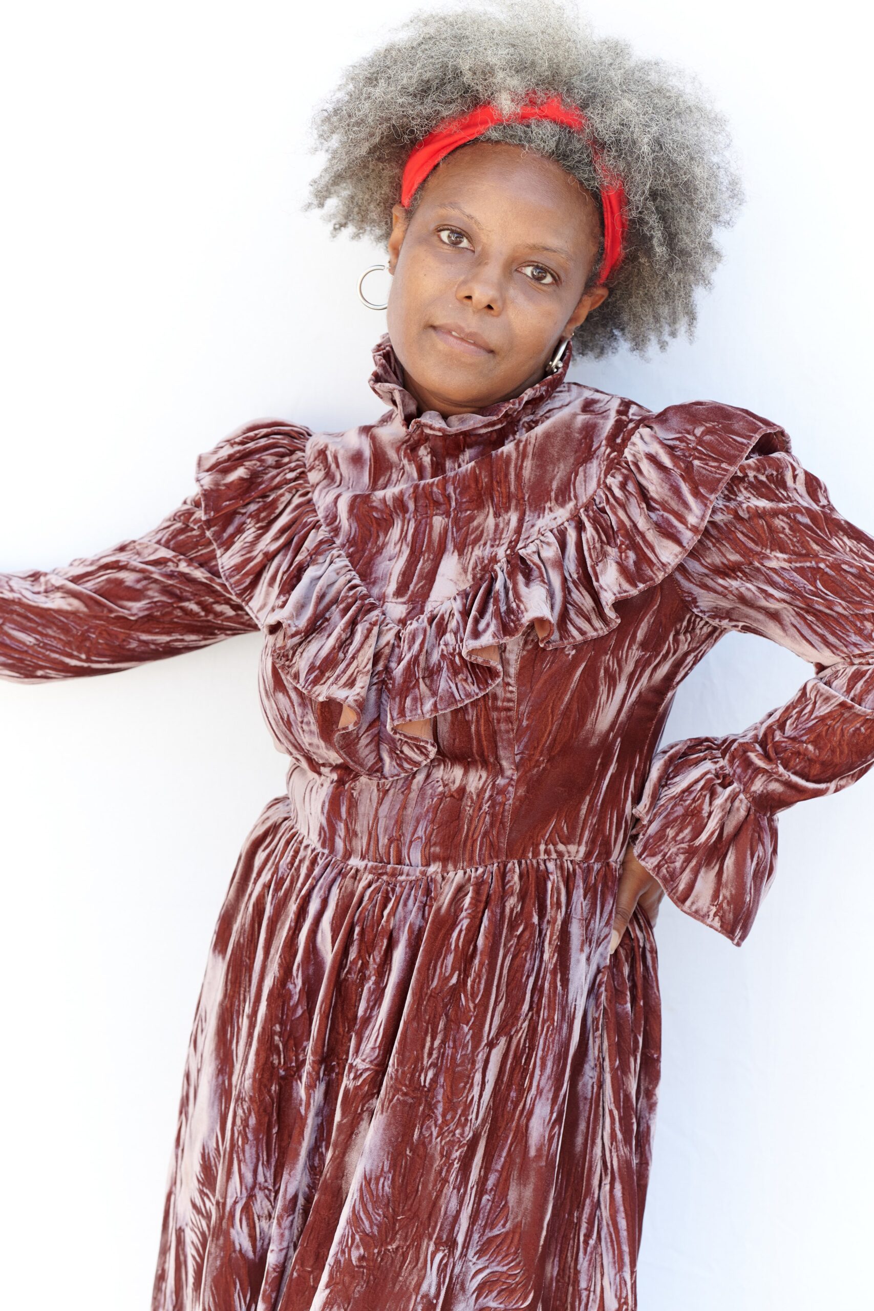 brown velvet ruffled midi dress