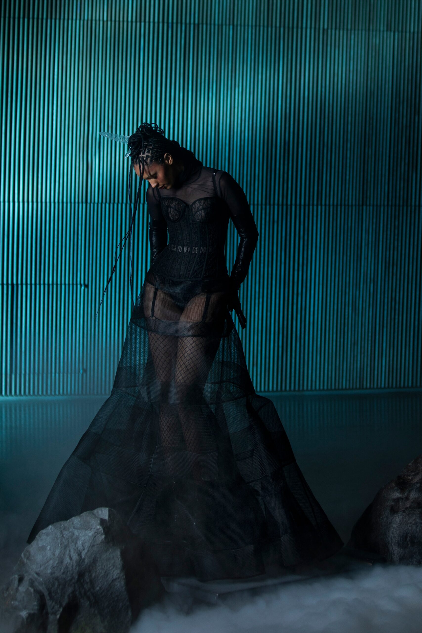 black tulle gown with bodysuit