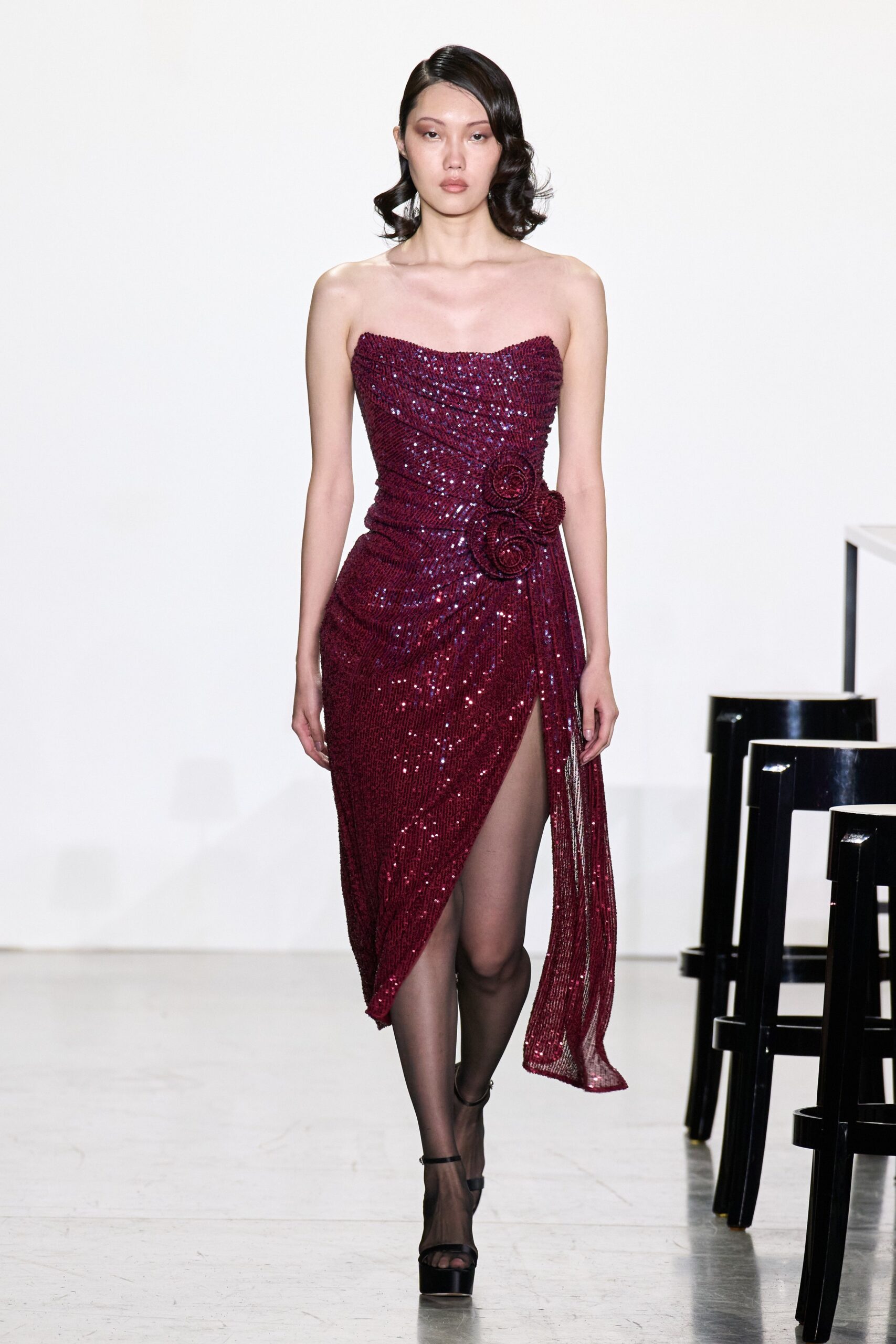 red purple sequined strapless gown