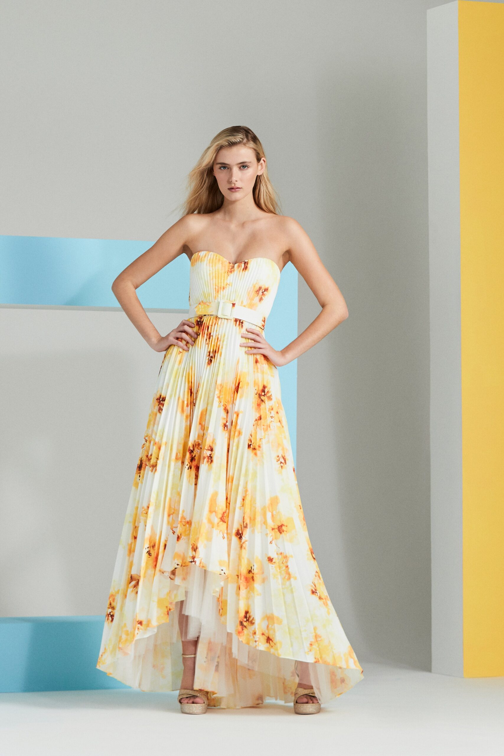 yellow orange pleated gown