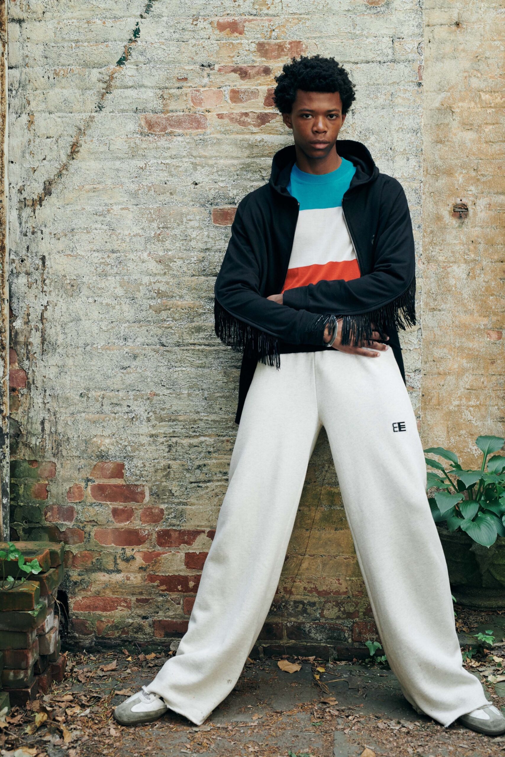 black hoodie with color-blocked top