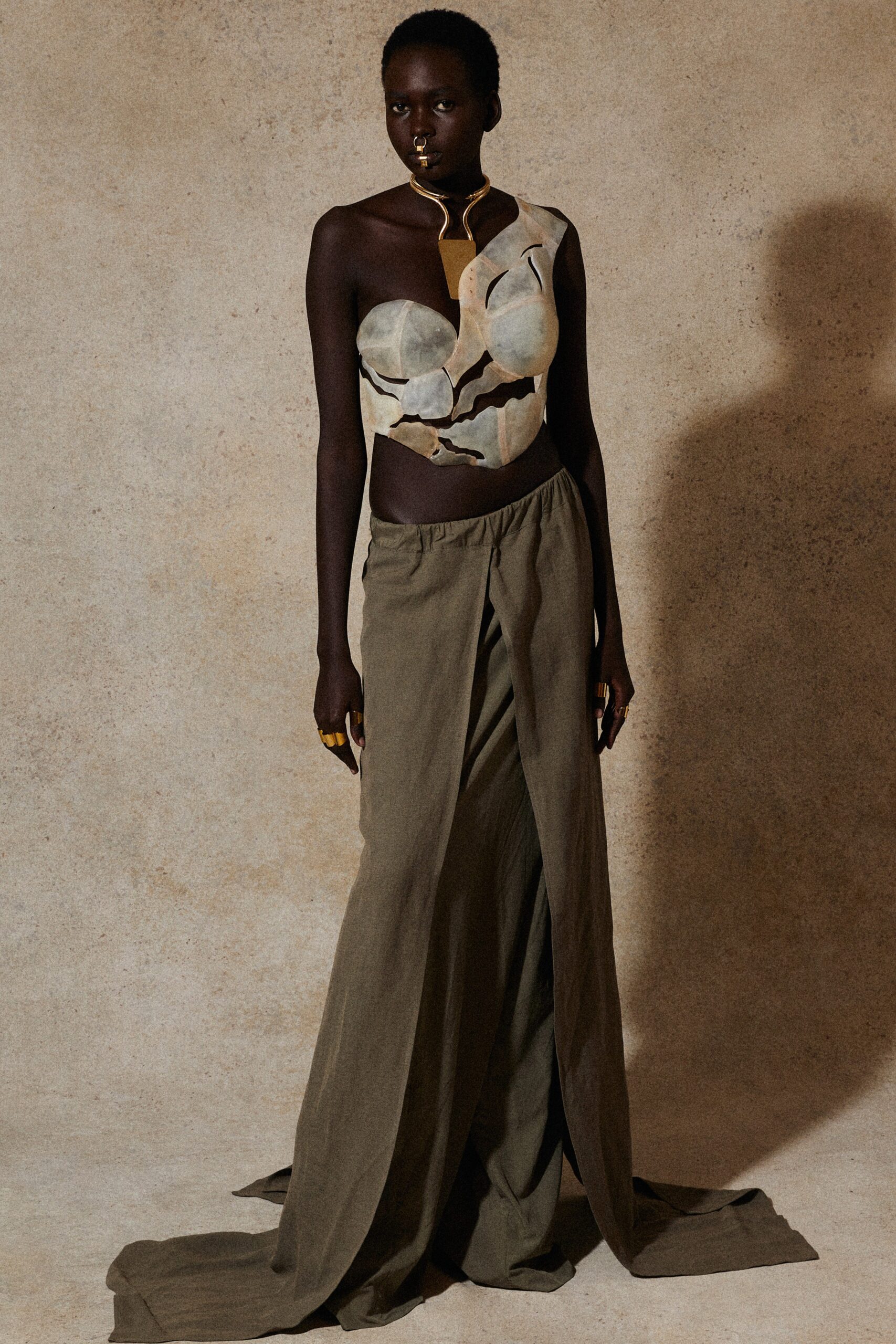 multi-colored fitted top with green maxi skirt