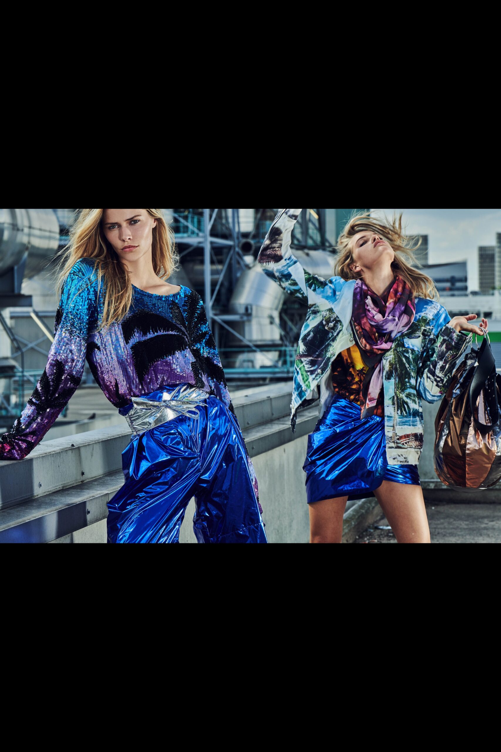 blue silk long-sleeve collared relaxed printed shiny top
