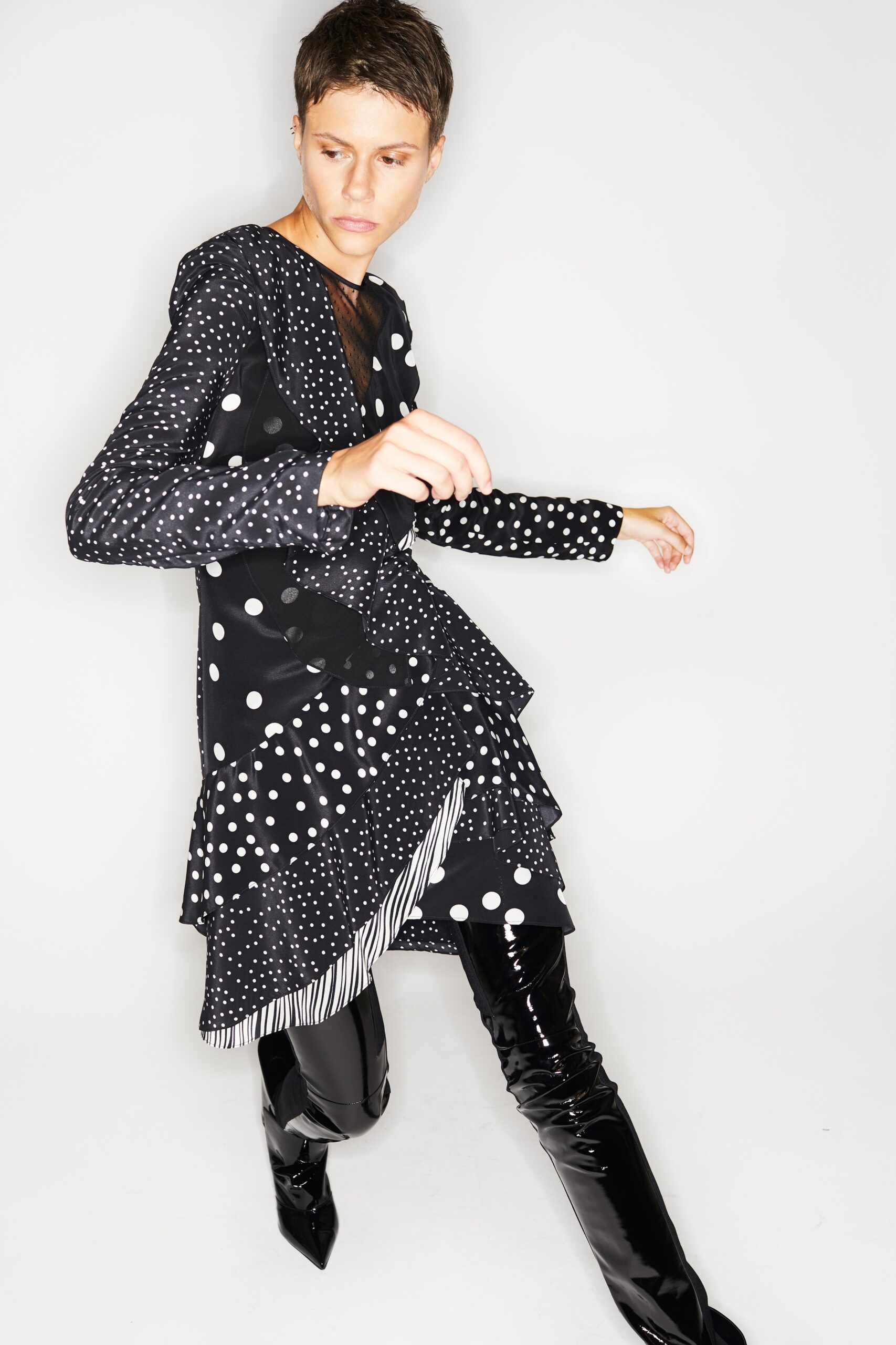 black and white polka-dot mini dress