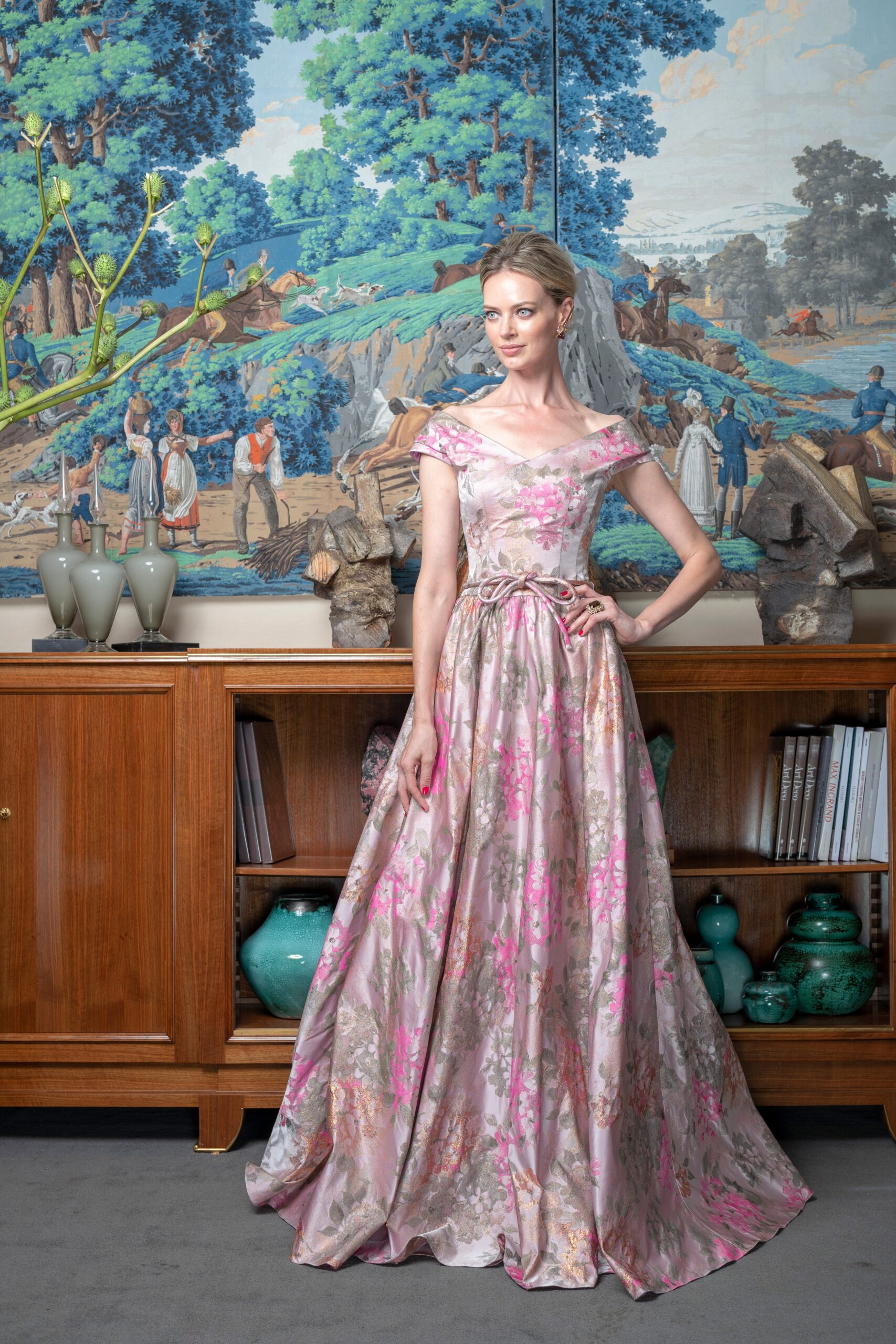 pink floral silk gown