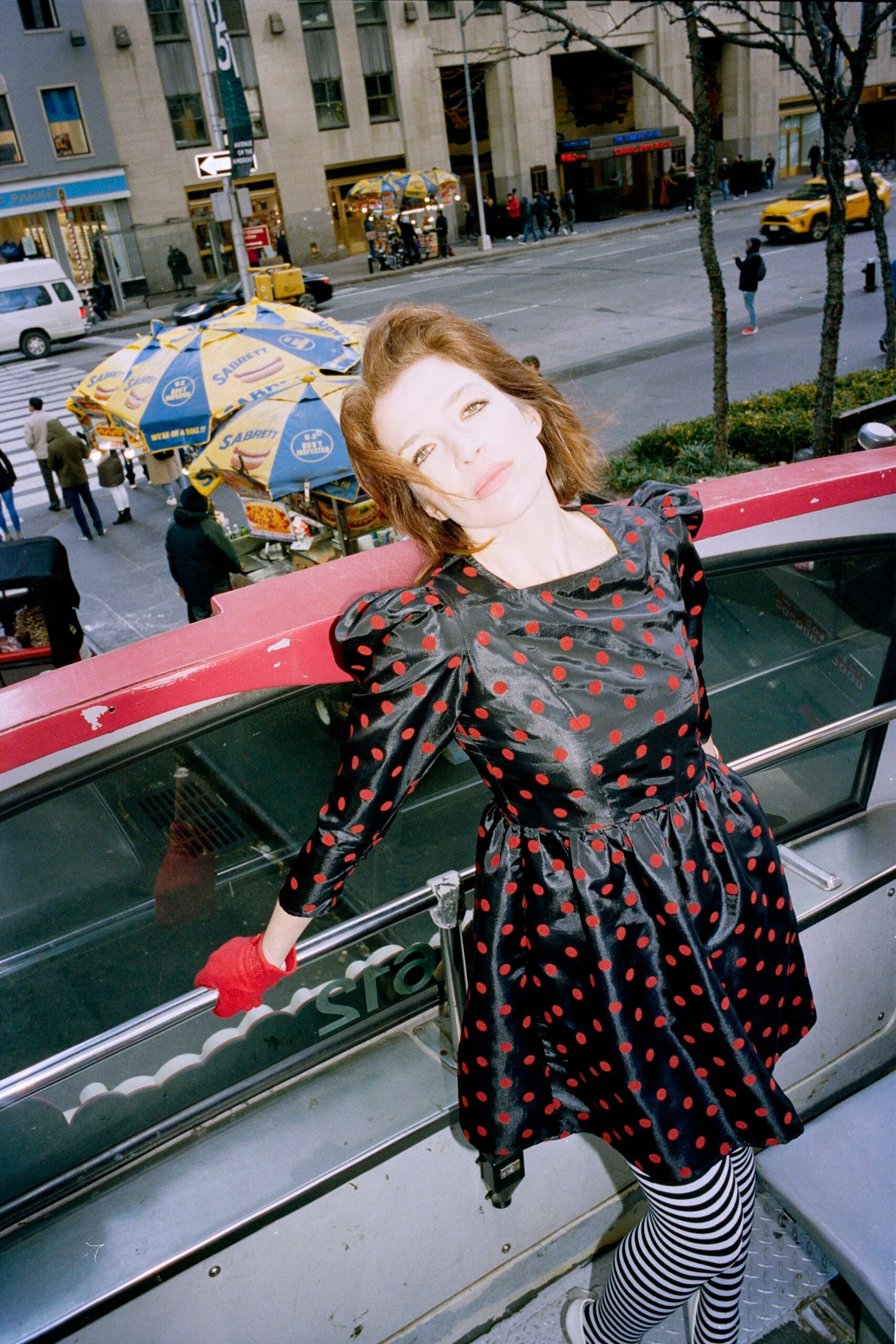 black silk long-sleeve collared fitted polka-dot flared dress