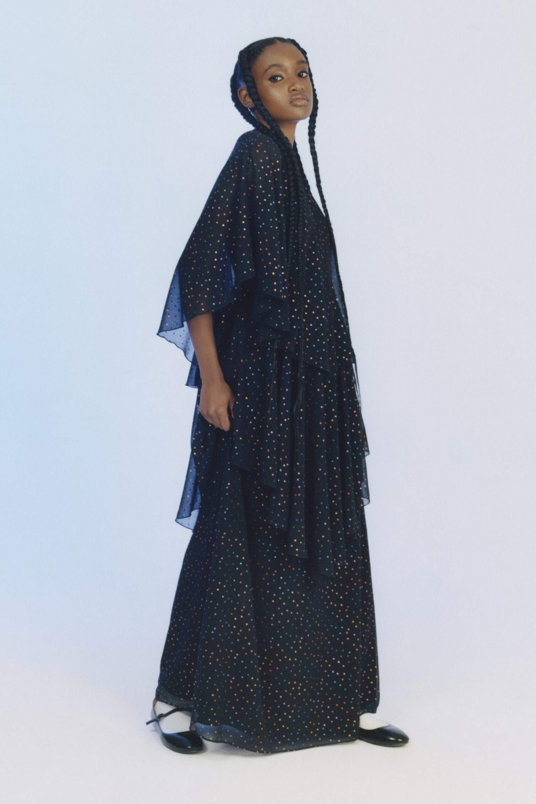 blue multi-layered flowing dress