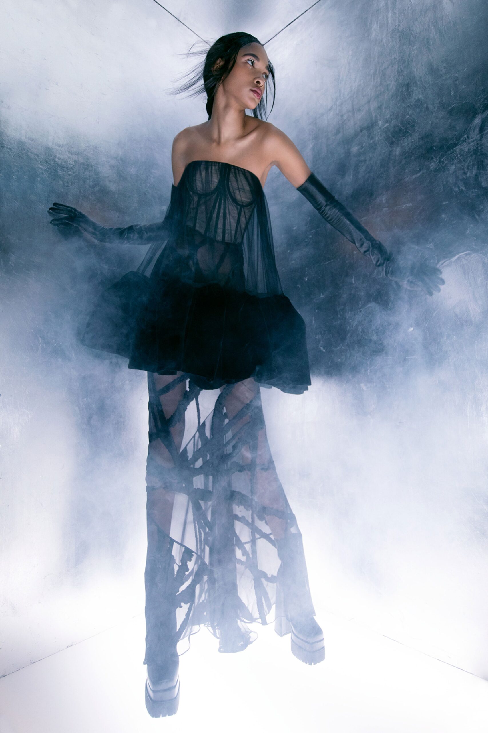 black strapless layered dress