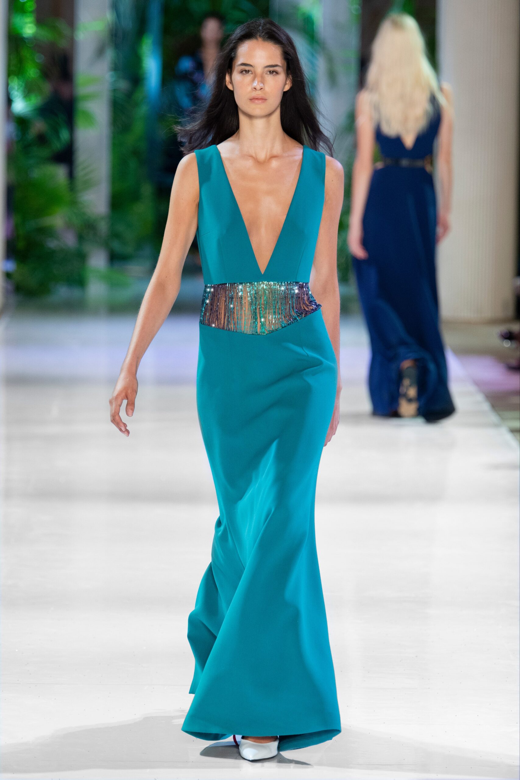 teal silk sleeveless gown