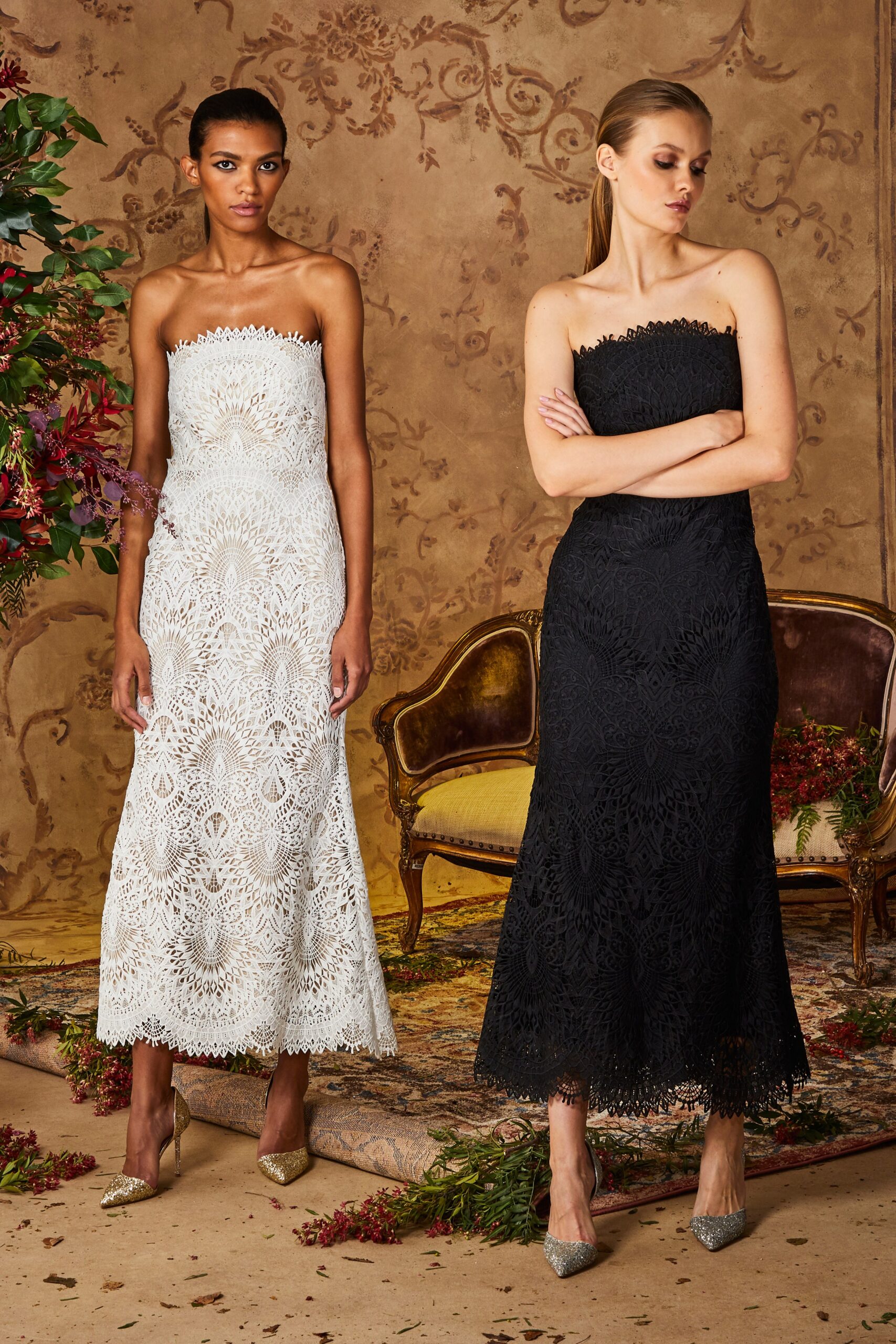 black lace strapless fitted tiered midi gown