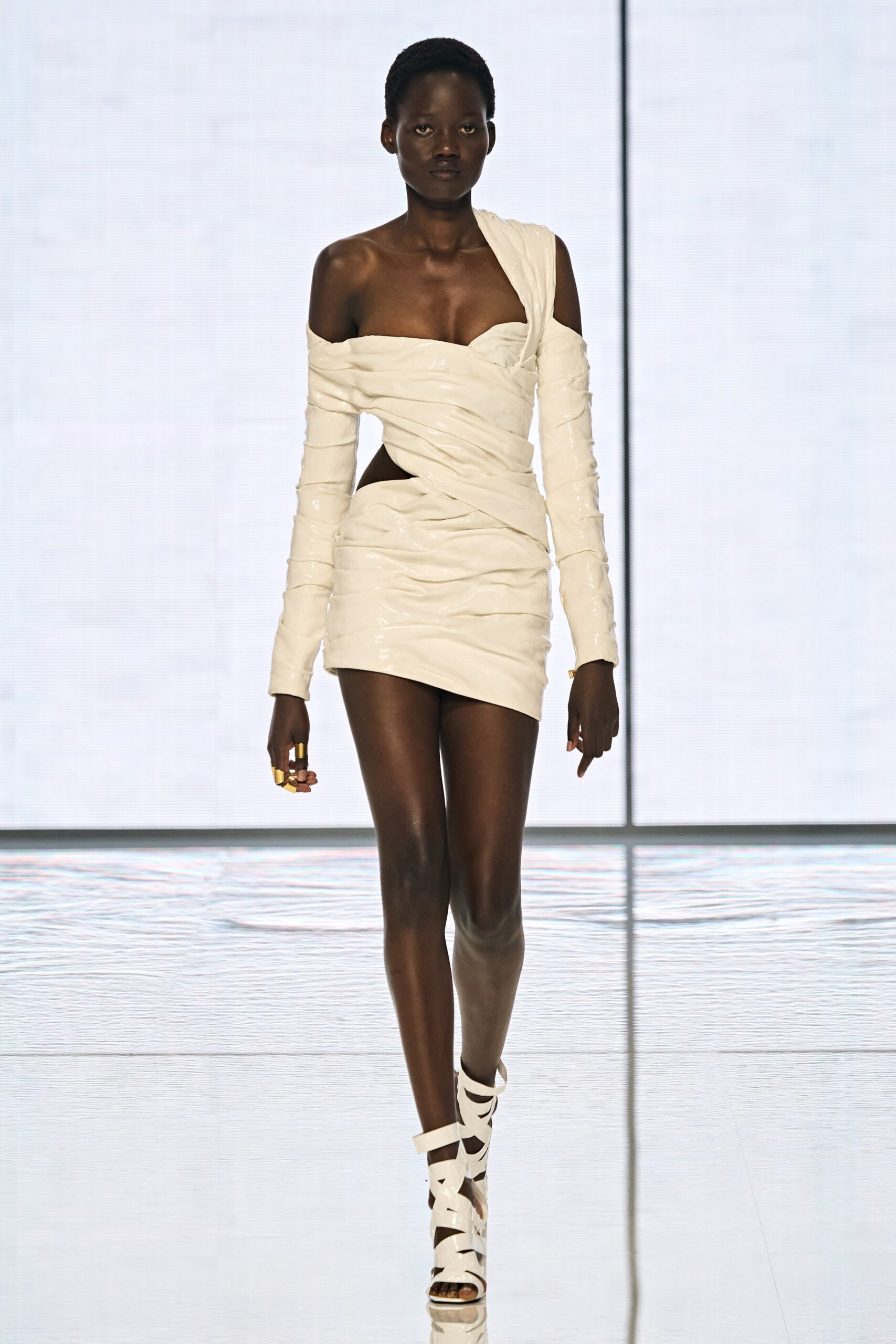white silk sleeveless off-shoulder fitted ruched mini dress
