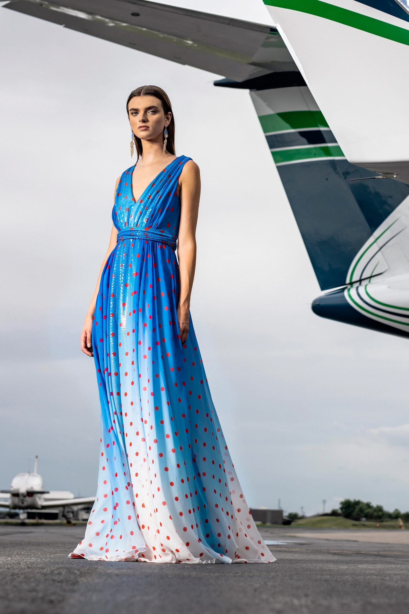 blue and white polka-dot gown